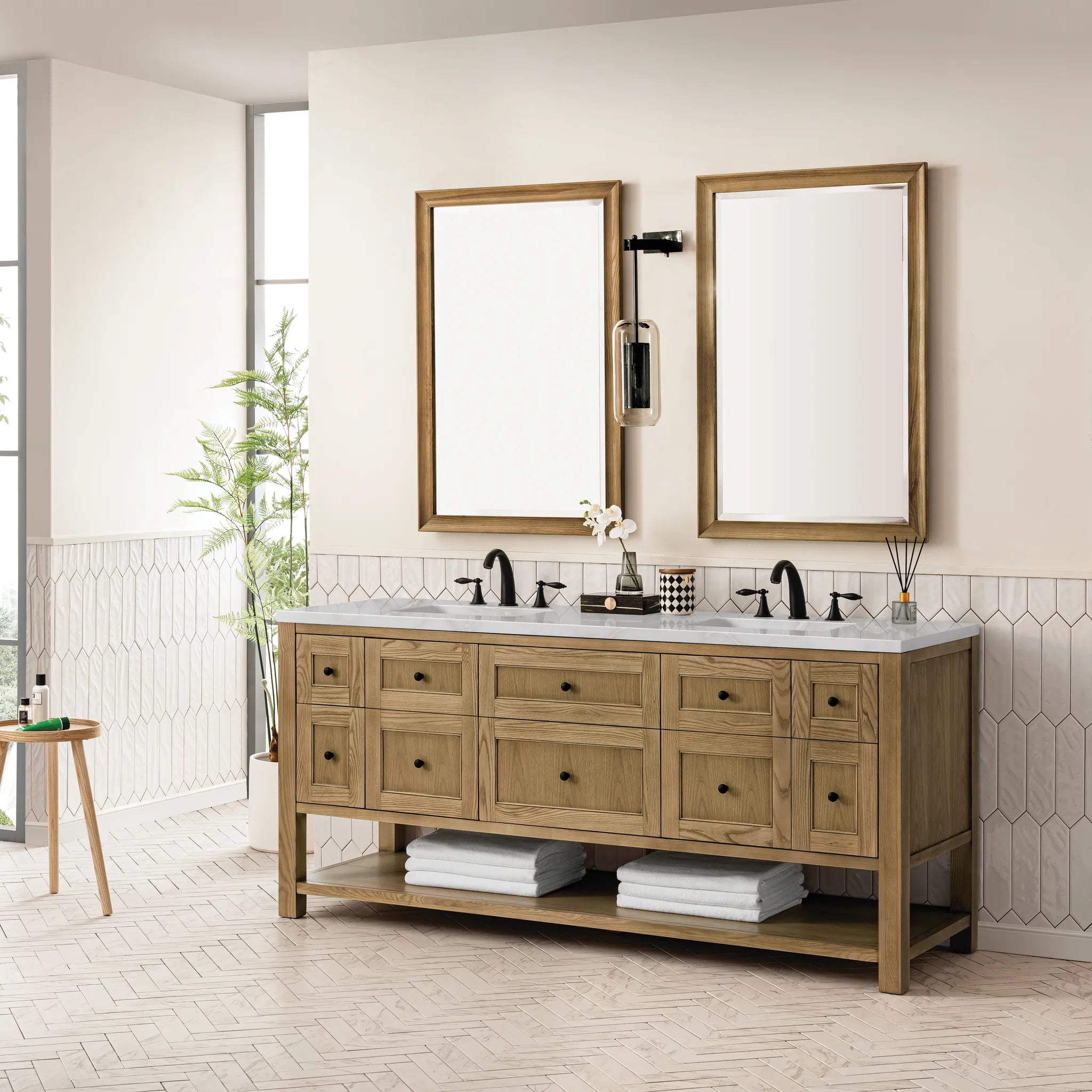 72" Breckenridge Double Vanity Base Only in Light Natural Oak Wireless Charger-Victorian Silver Silestone-8" Widespread image 5