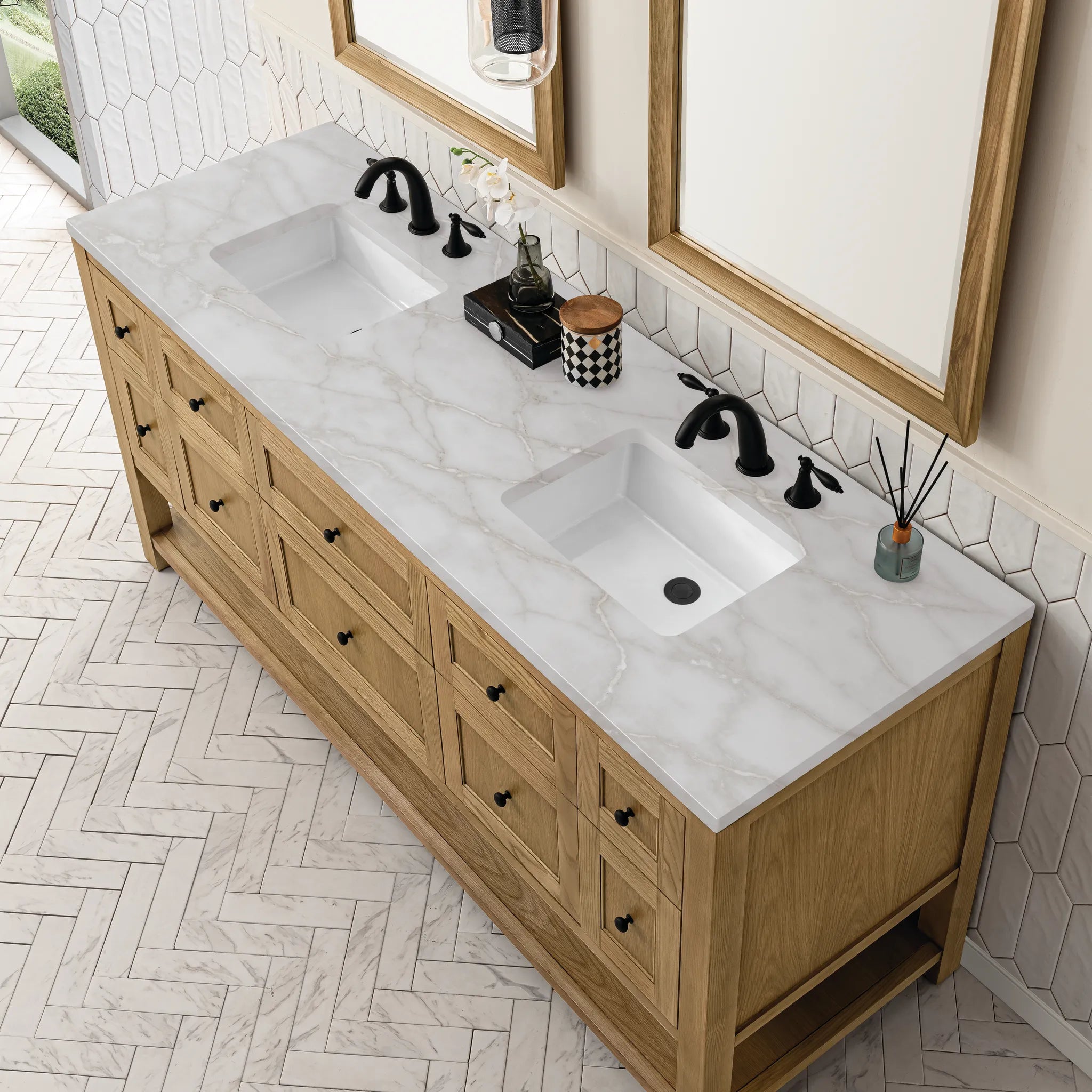 72" Breckenridge Double Vanity Base Only in Light Natural Oak Wireless Charger-Victorian Silver Silestone-8" Widespread image 8