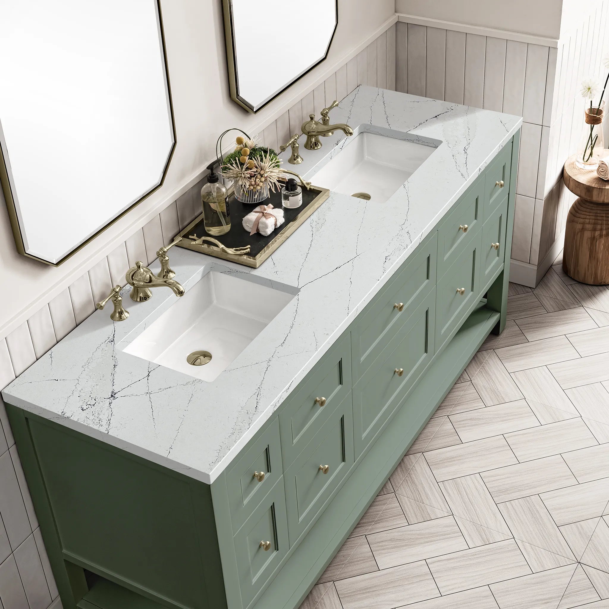 72" Breckenridge Double Vanity Base Only in Smokey Celadon Wireless Charger-Ethereal Noctis Silestone-8" Widespread image 11