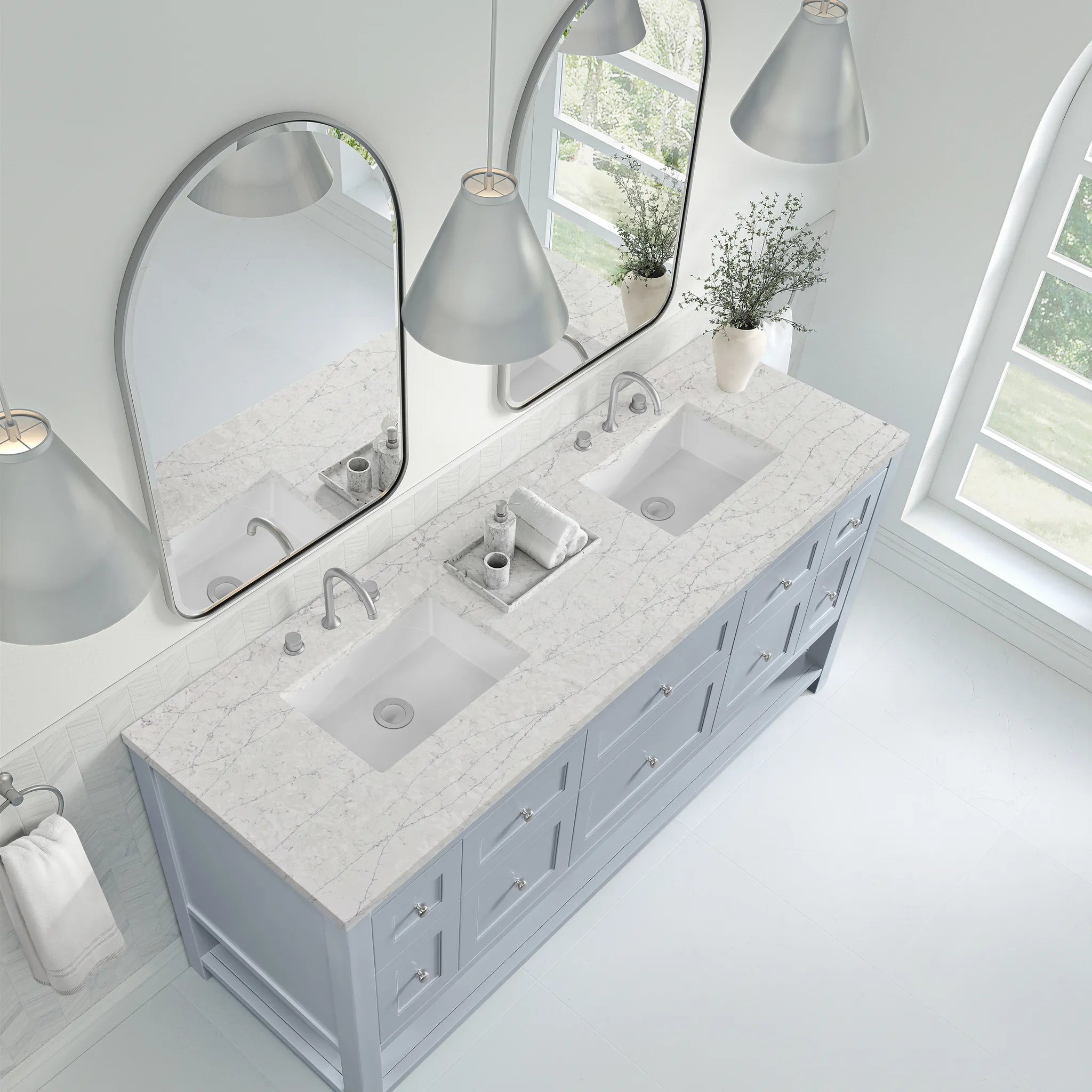 72" Breckenridge Double Vanity in Serenity Blue Wireless Charger-Eternal Jasmine Pearl Silestone-8" Widespread image 9