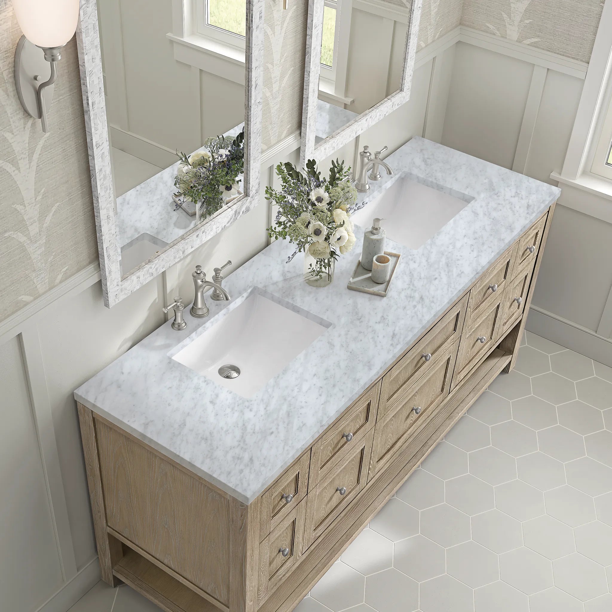 72" Breckenridge Double Vanity in Whitewashed Oak-Carrara White Marble-8" Widespread image 6