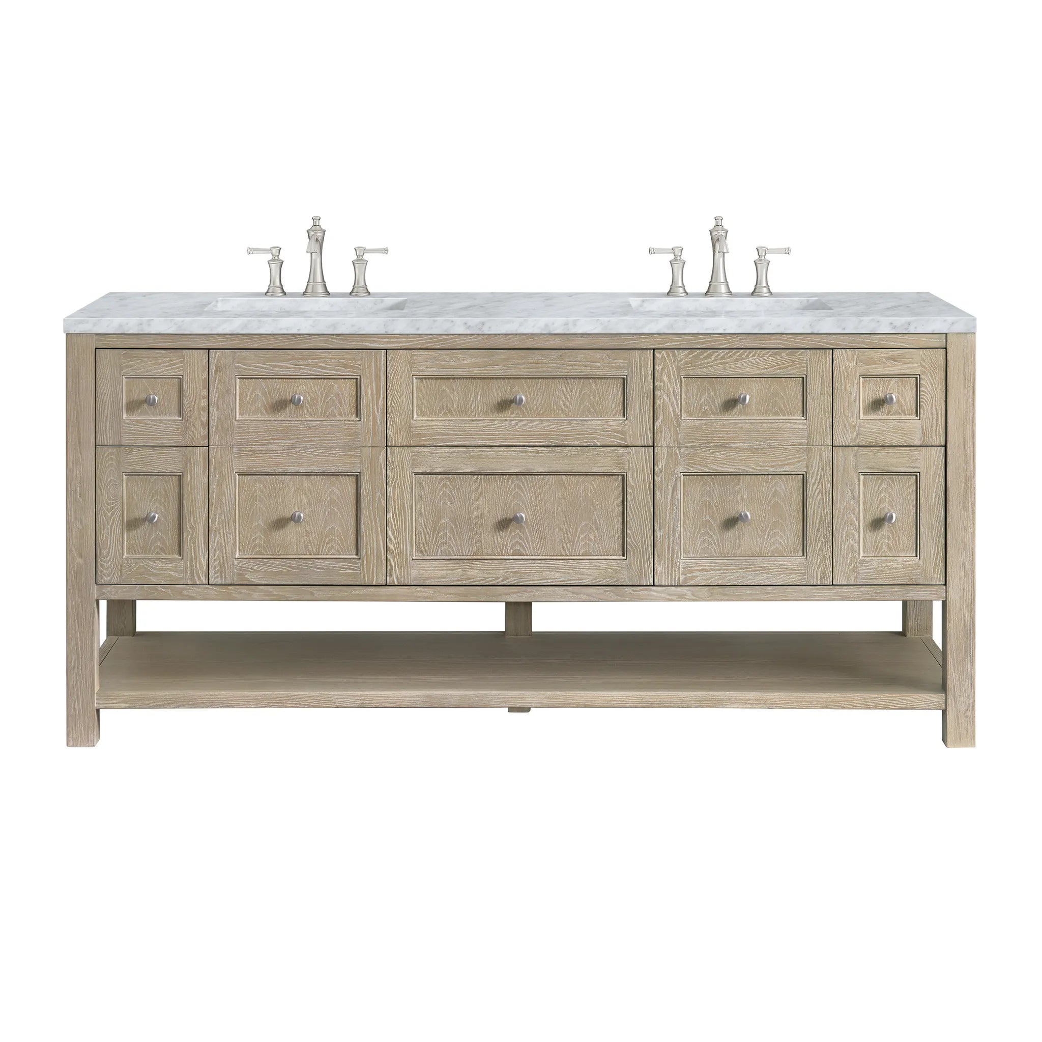 72" Breckenridge Double Vanity in Whitewashed Oak-Carrara White Marble-8" Widespread image