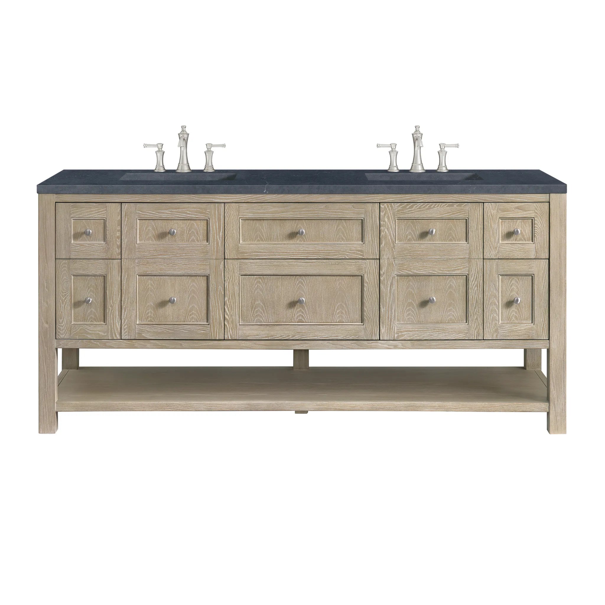 72" Breckenridge Double Vanity in Whitewashed Oak-Charcoal Soapstone Silestone-8" Widespread image