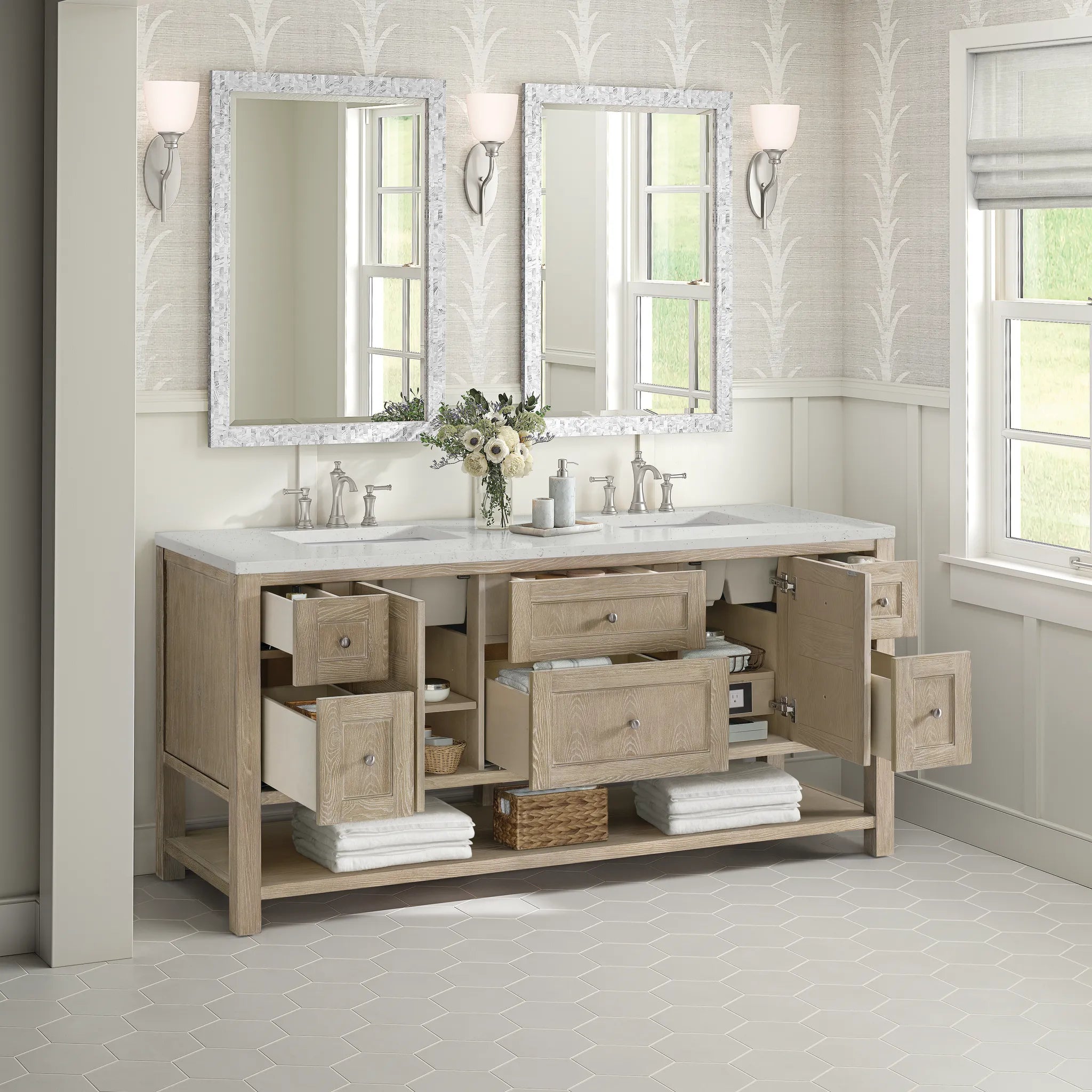 72" Breckenridge Double Vanity in Whitewashed Oak-Lime Delight Silestone-8" Widespread image 4