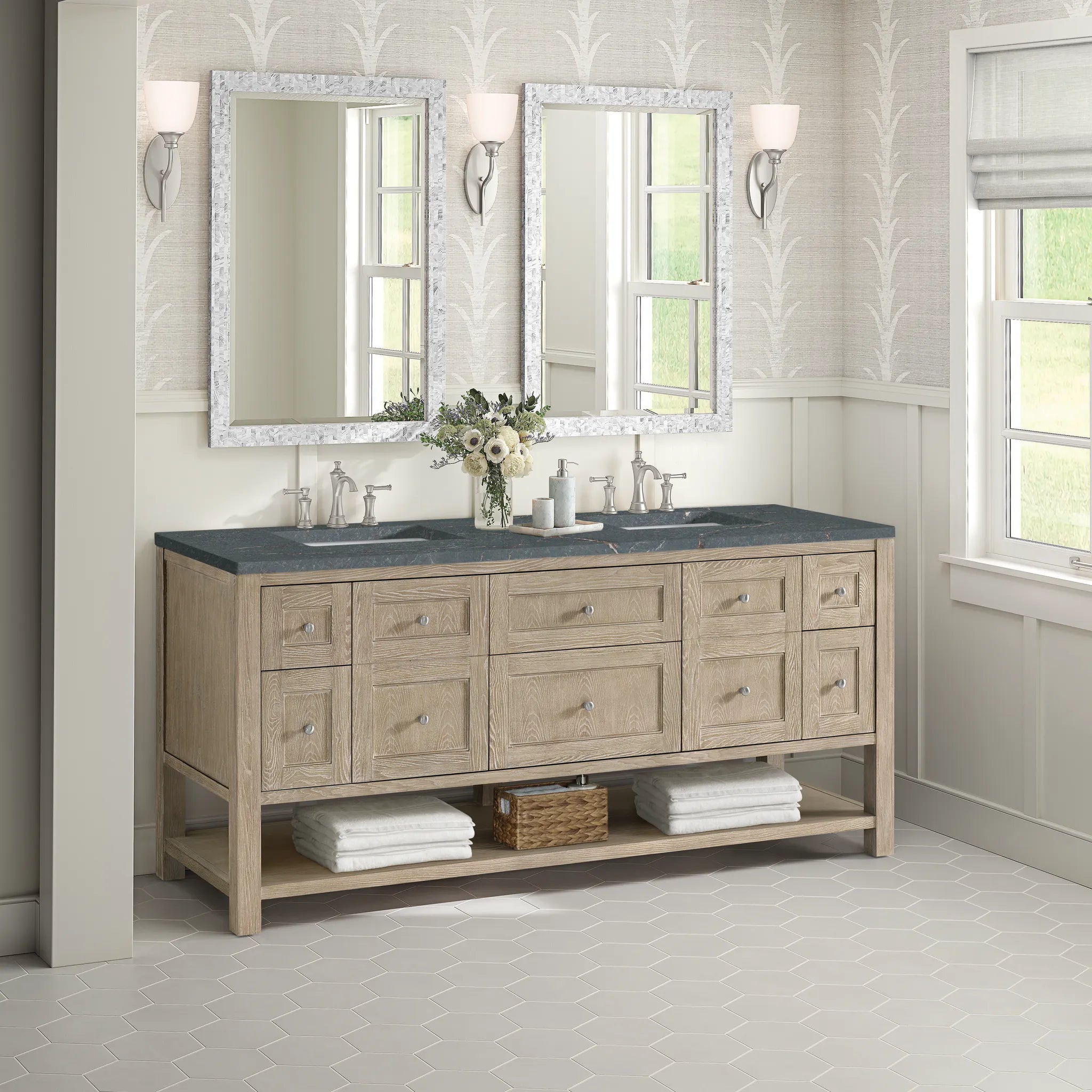 72" Breckenridge Double Vanity in Whitewashed Oak-Parisien Bleu Silestone-8" Widespread image 3