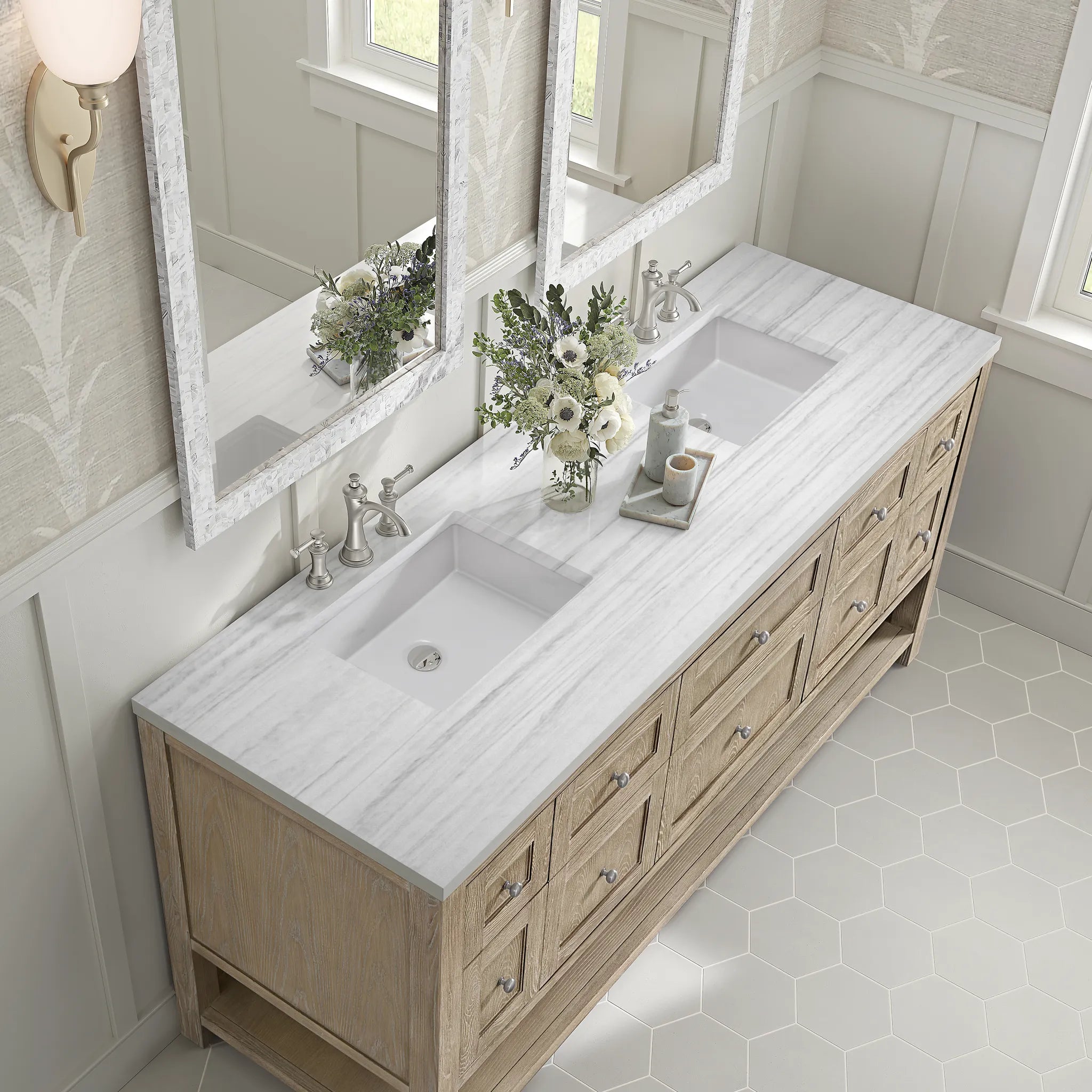 72" Breckenridge Double Vanity in Whitewashed Oak-White Zeus Silestone-8" Widespread image 5