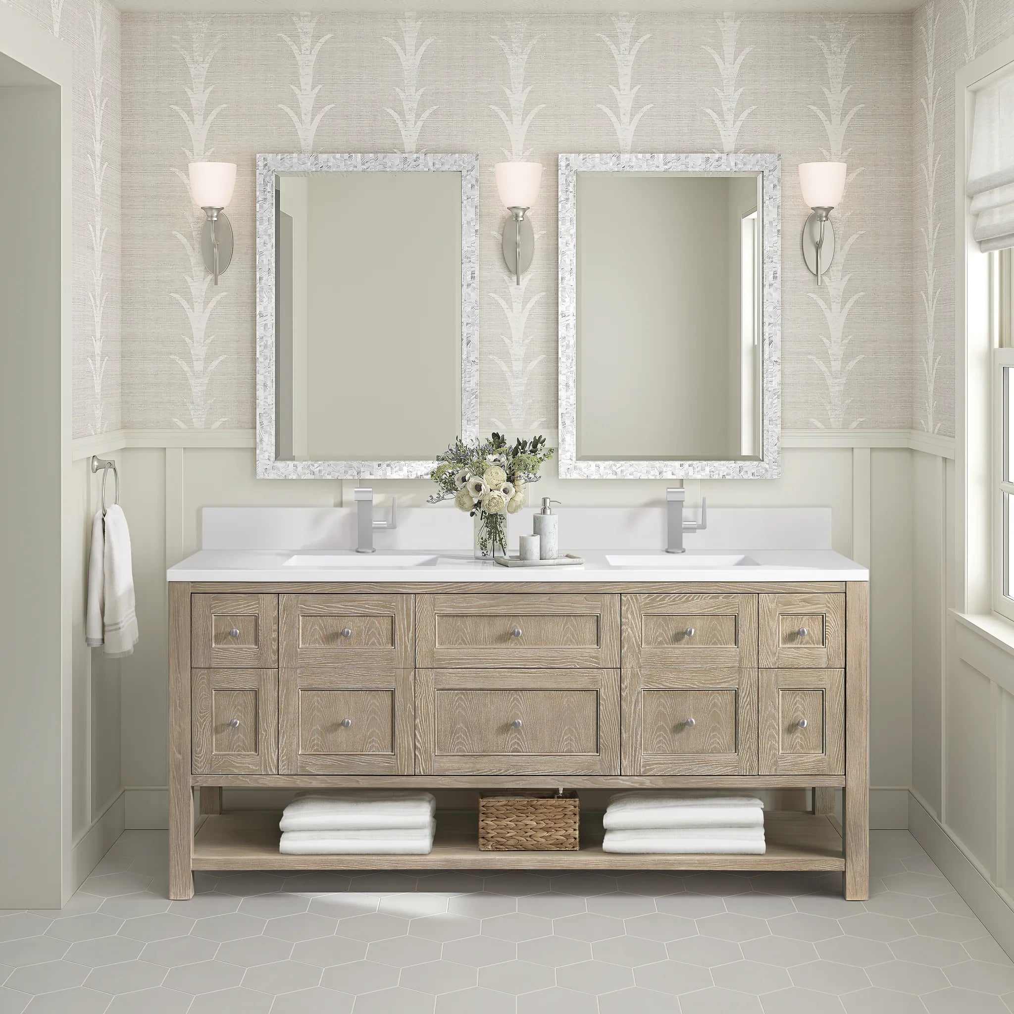 72" Breckenridge Double Vanity in Whitewashed Oak-White Zeus Silestone & Backsplash-Single Hole image 1