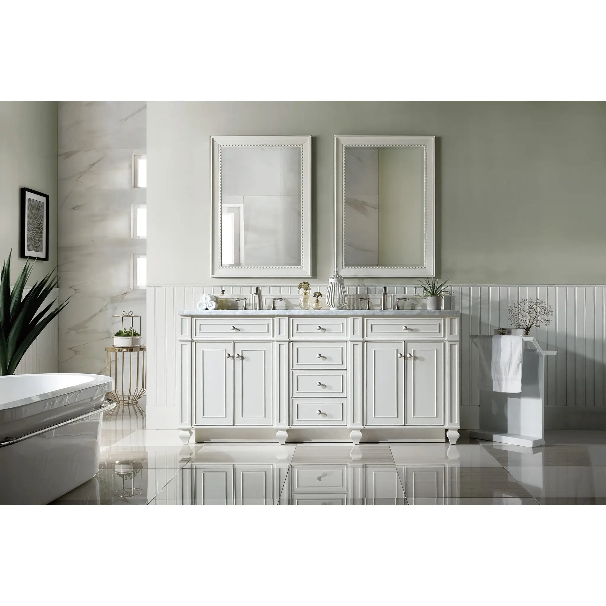 72" Bristol Double Vanity in Bright White-Carrara White Marble-8" Widespread image 1
