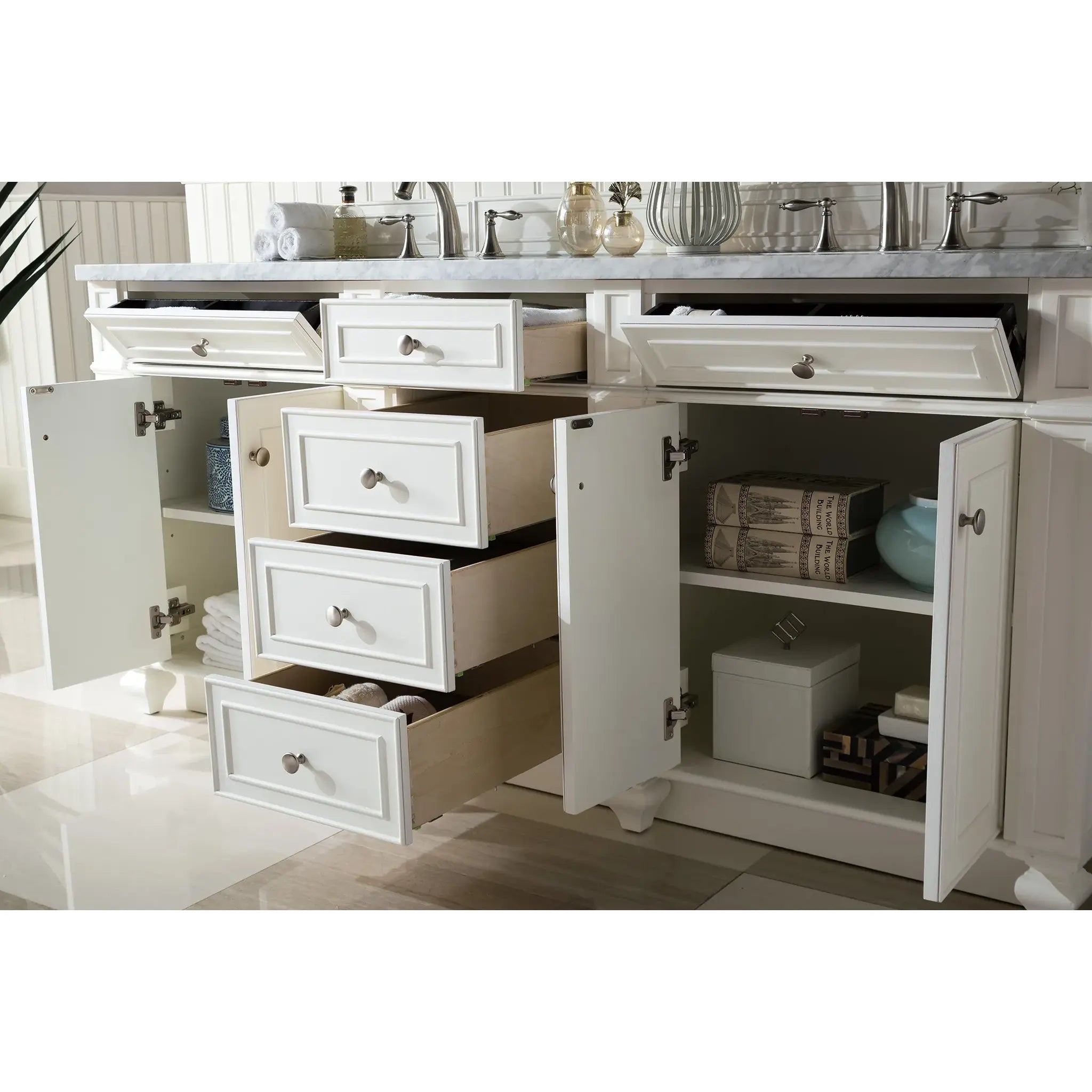 72" Bristol Double Vanity in Bright White-Carrara White Marble-8" Widespread image 4