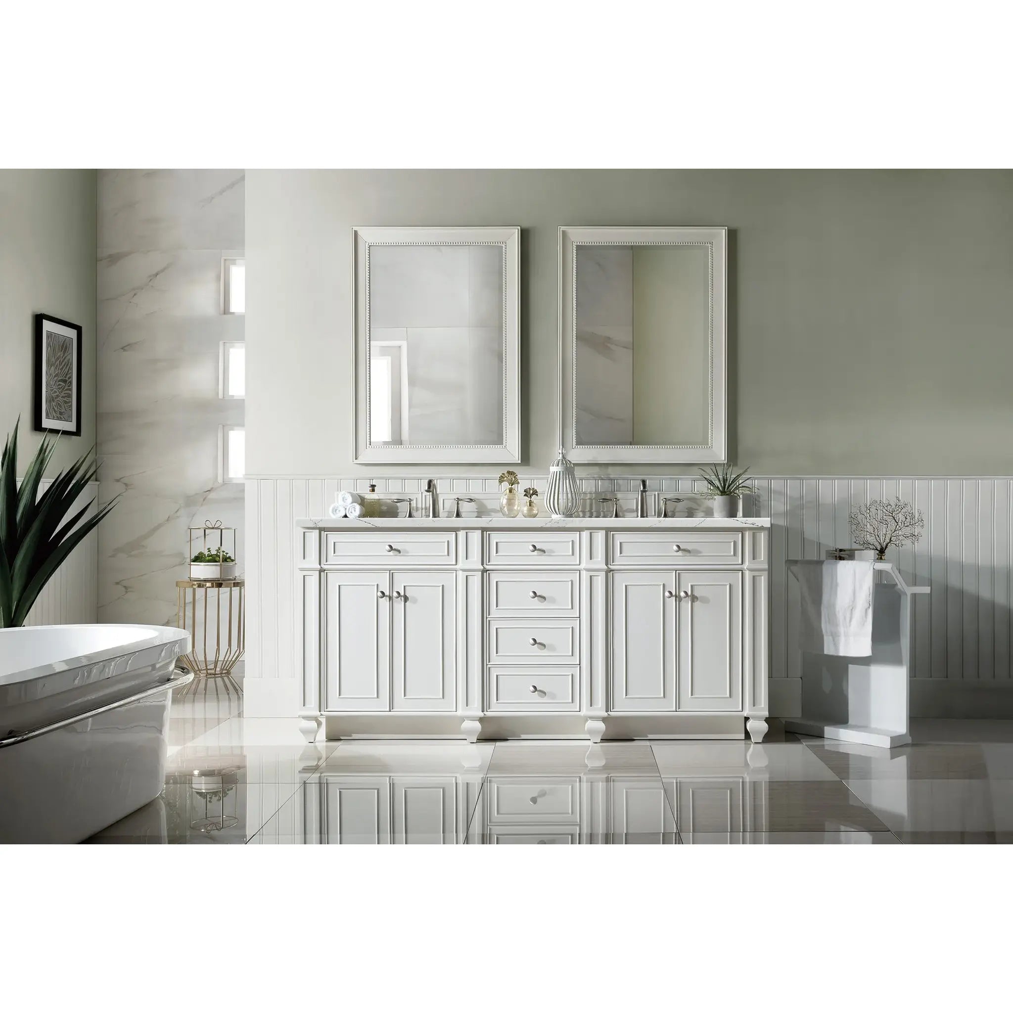 72" Bristol Double Vanity in Bright White w/FreePower Wireless Charger-Ethereal Noctis Silestone-8" Widespread image 4