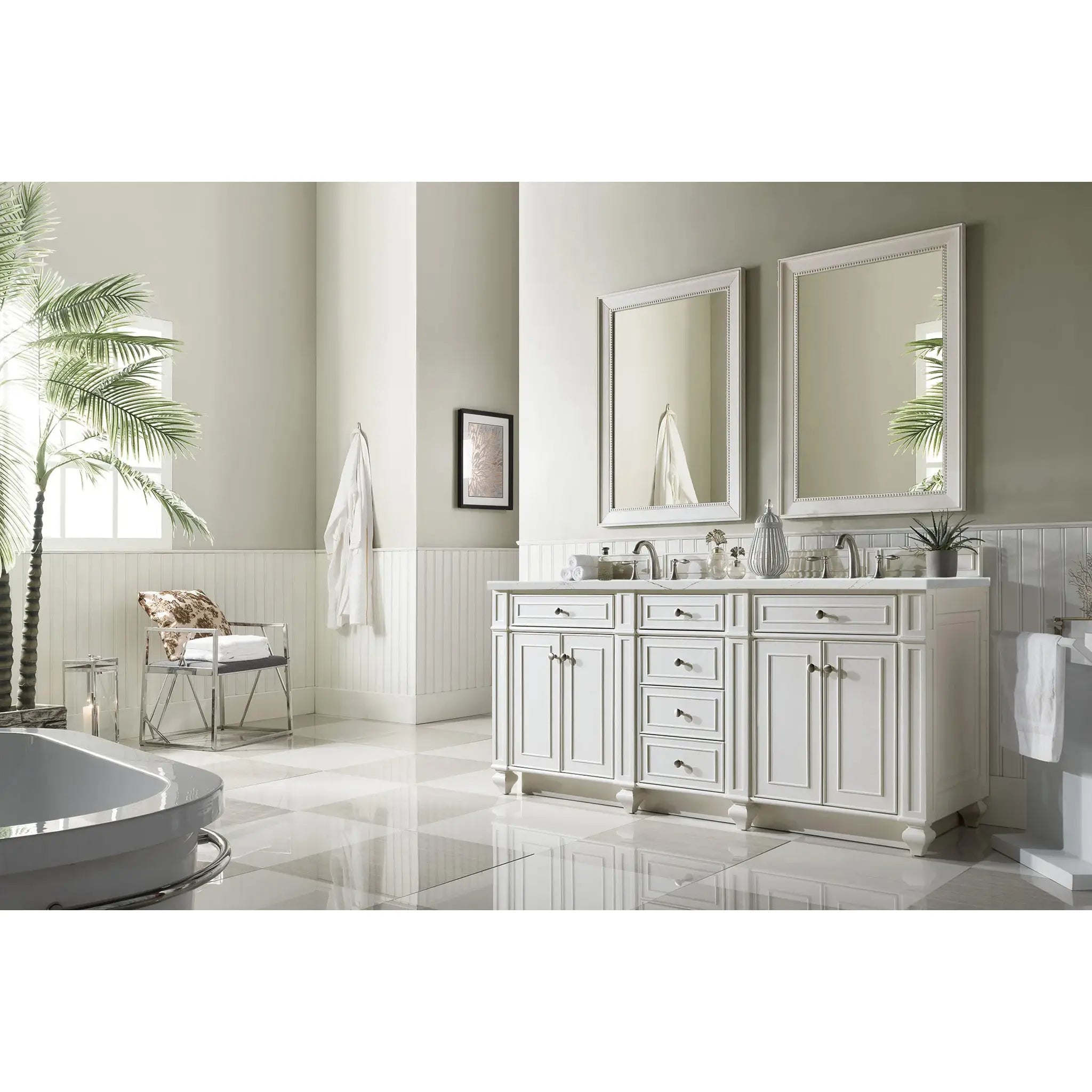 72" Bristol Double Vanity in Bright White w/FreePower Wireless Charger-Ethereal Noctis Silestone-8" Widespread image 5