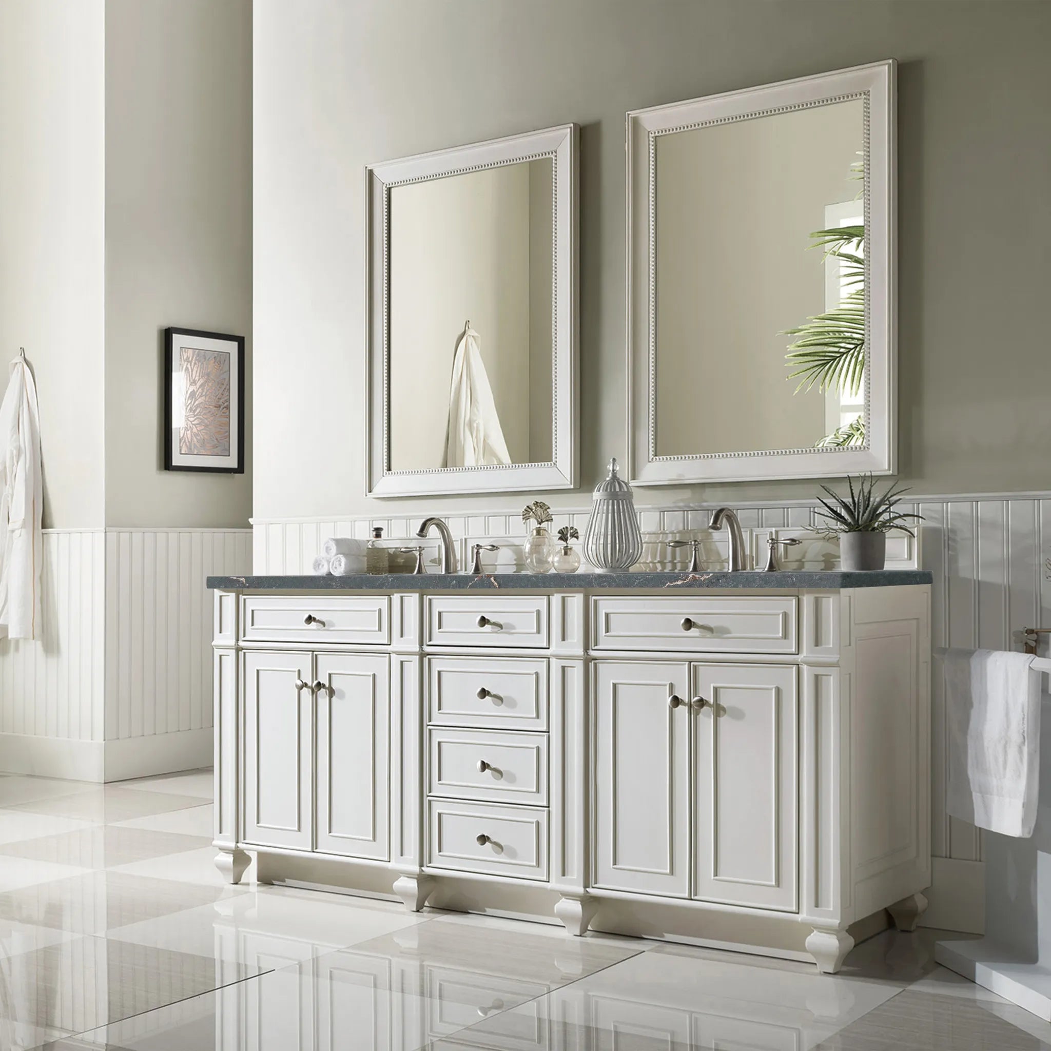 72" Bristol Double Vanity in Bright White w/FreePower Wireless Charger-Parisien Bleu Silestone-8" Widespread image 5