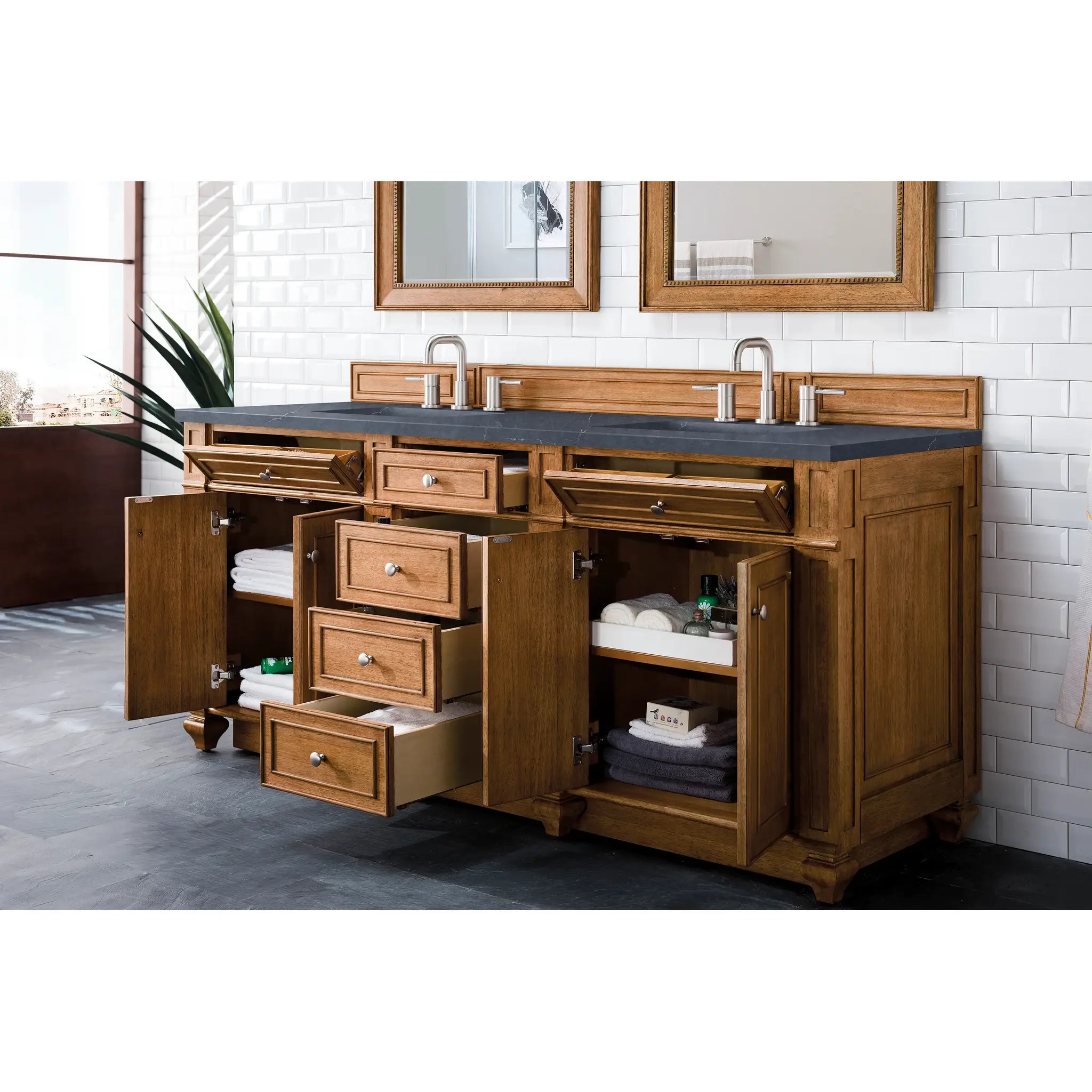 72" Bristol Double Vanity in Saddle Brown-Charcoal Soapstone Silestone-8" Widespread image 3