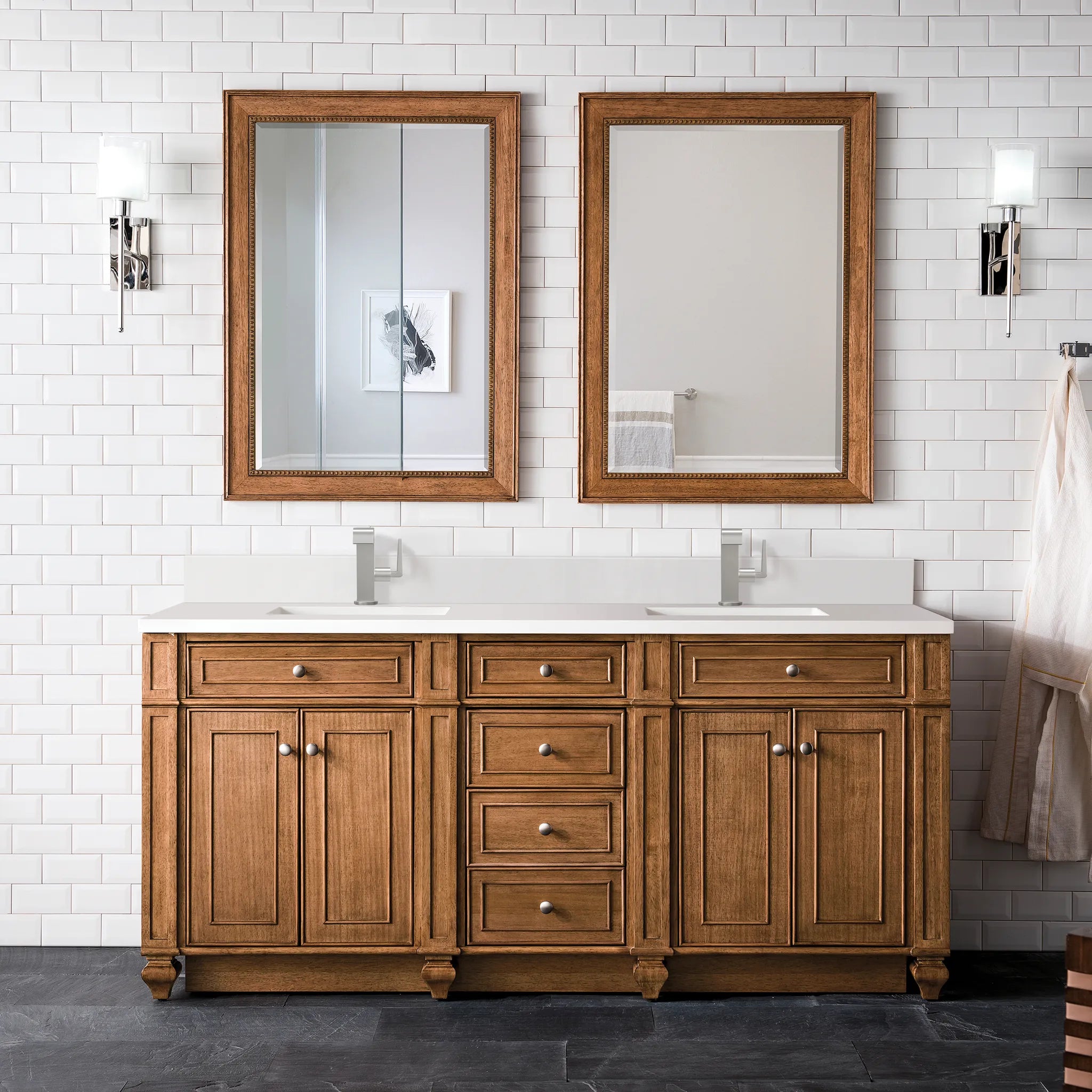 72" Bristol Double Vanity in Saddle Brown-White Zeus Silestone & Backsplash-Single Hole image 1