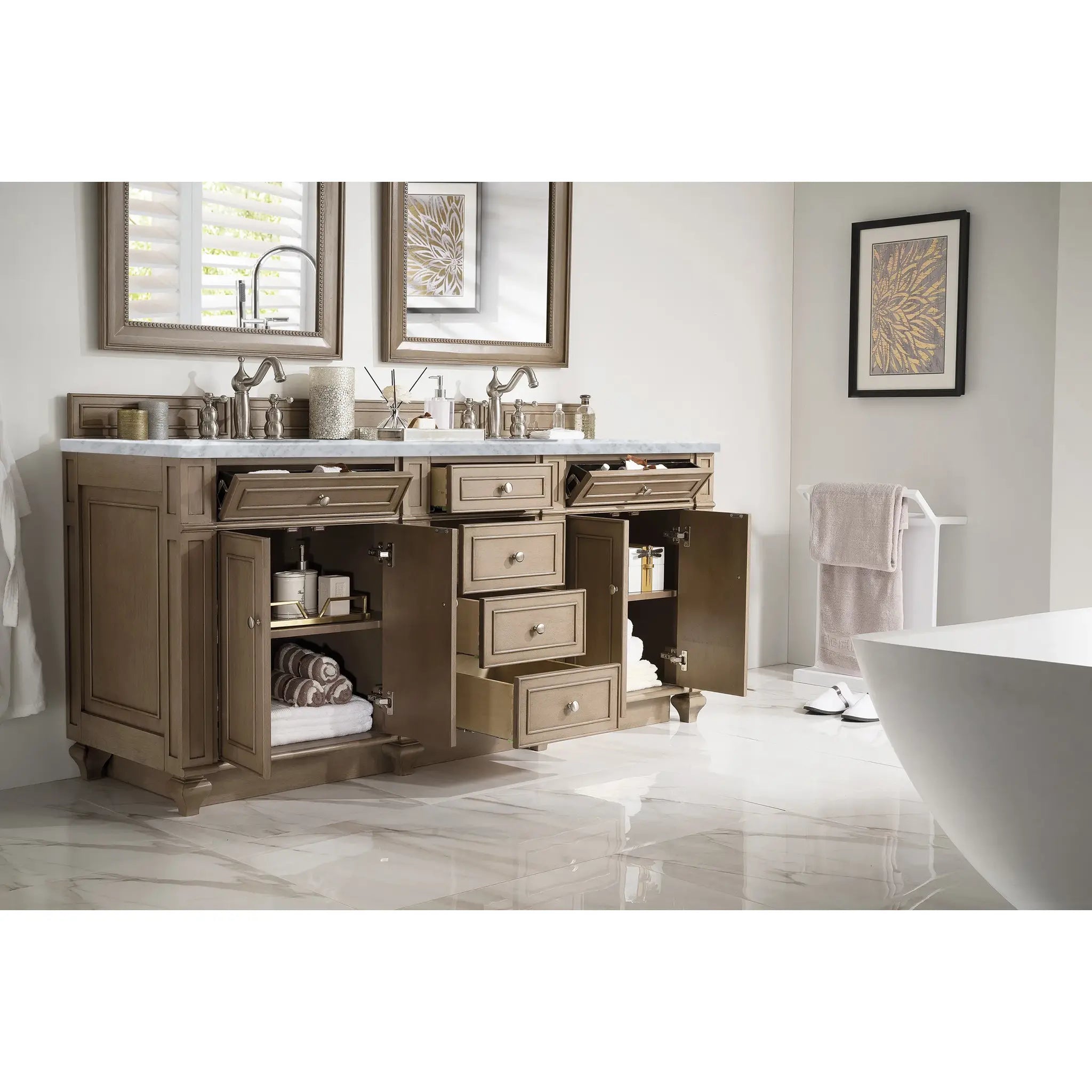 72" Bristol Double Vanity in Whitewashed Walnut-Carrara White Marble-8" Widespread image 2