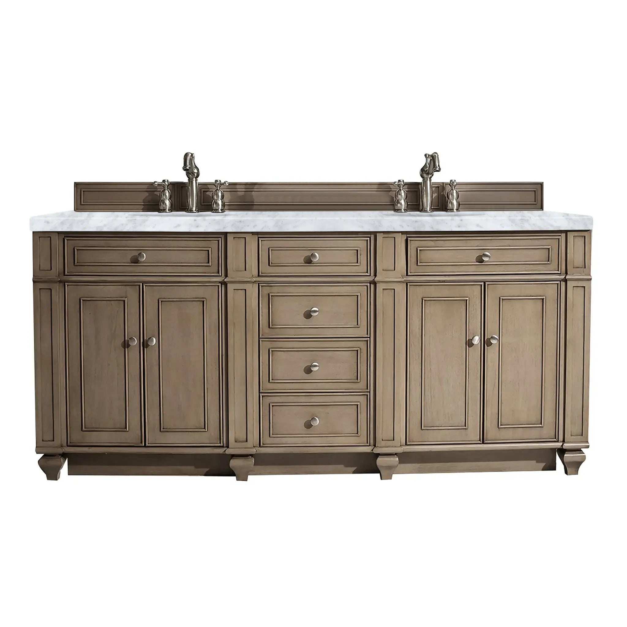 72" Bristol Double Vanity in Whitewashed Walnut-Carrara White Marble-8" Widespread image