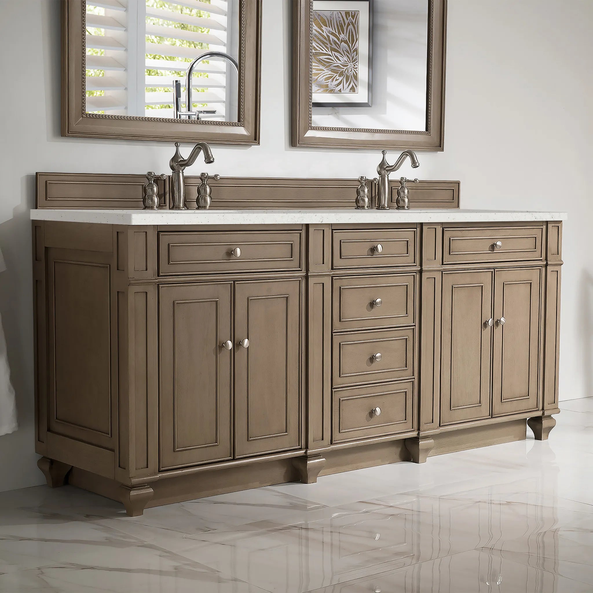 72" Bristol Double Vanity in Whitewashed Walnut-Lime Delight Silestone-8" Widespread image 1