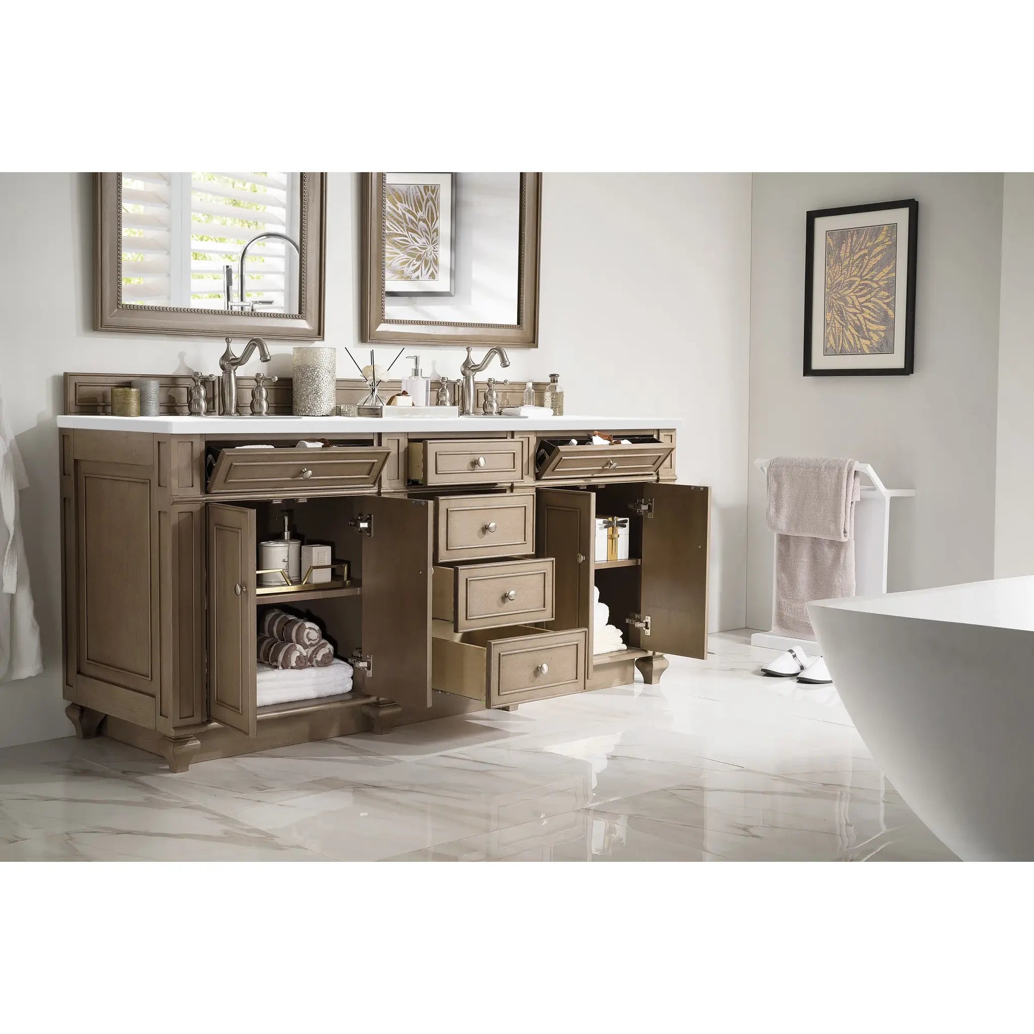 72" Bristol Double Vanity in Whitewashed Walnut-White Zeus Silestone-8" Widespread image 2