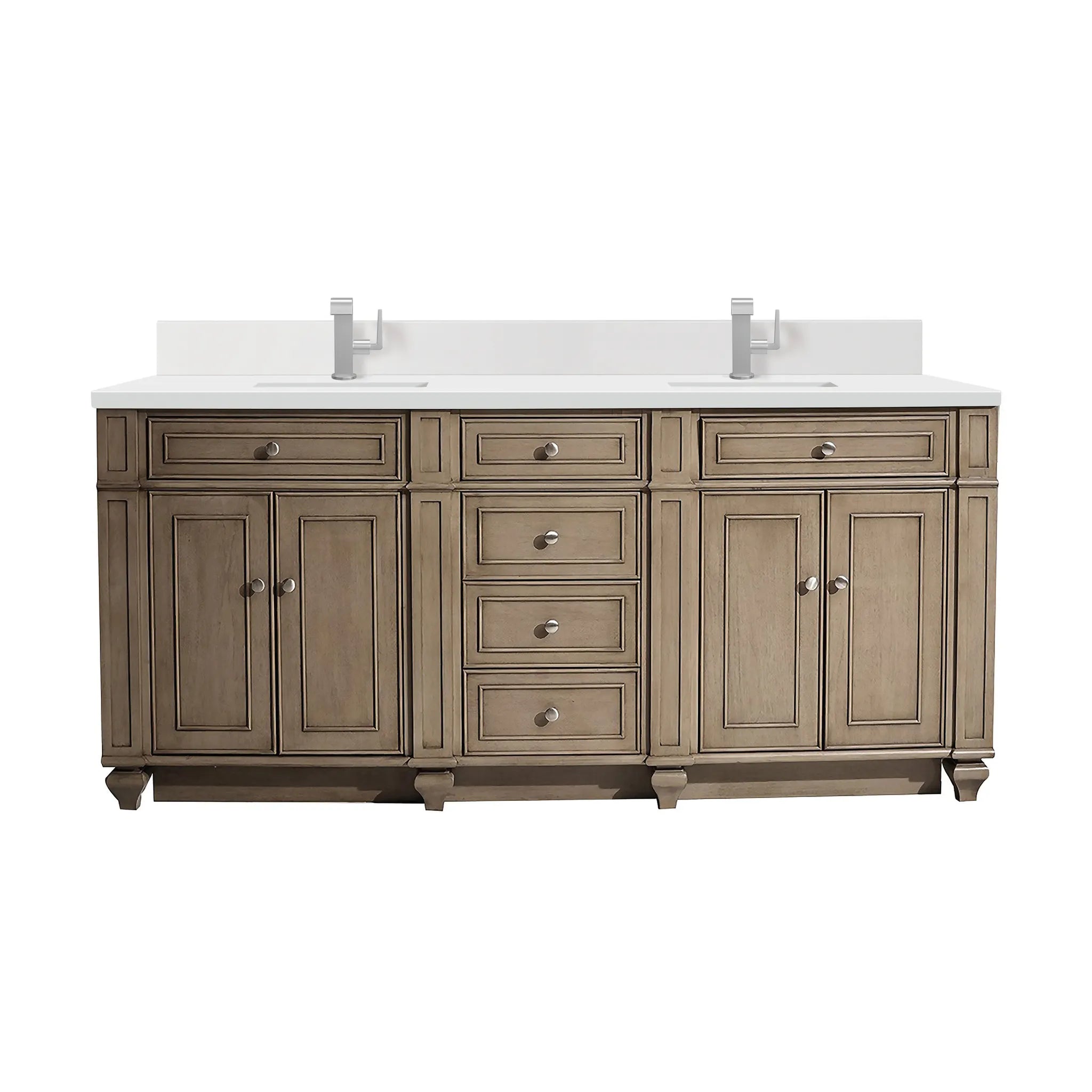 72" Bristol Double Vanity in Whitewashed Walnut-White Zeus Silestone & Backsplash-Single Hole image