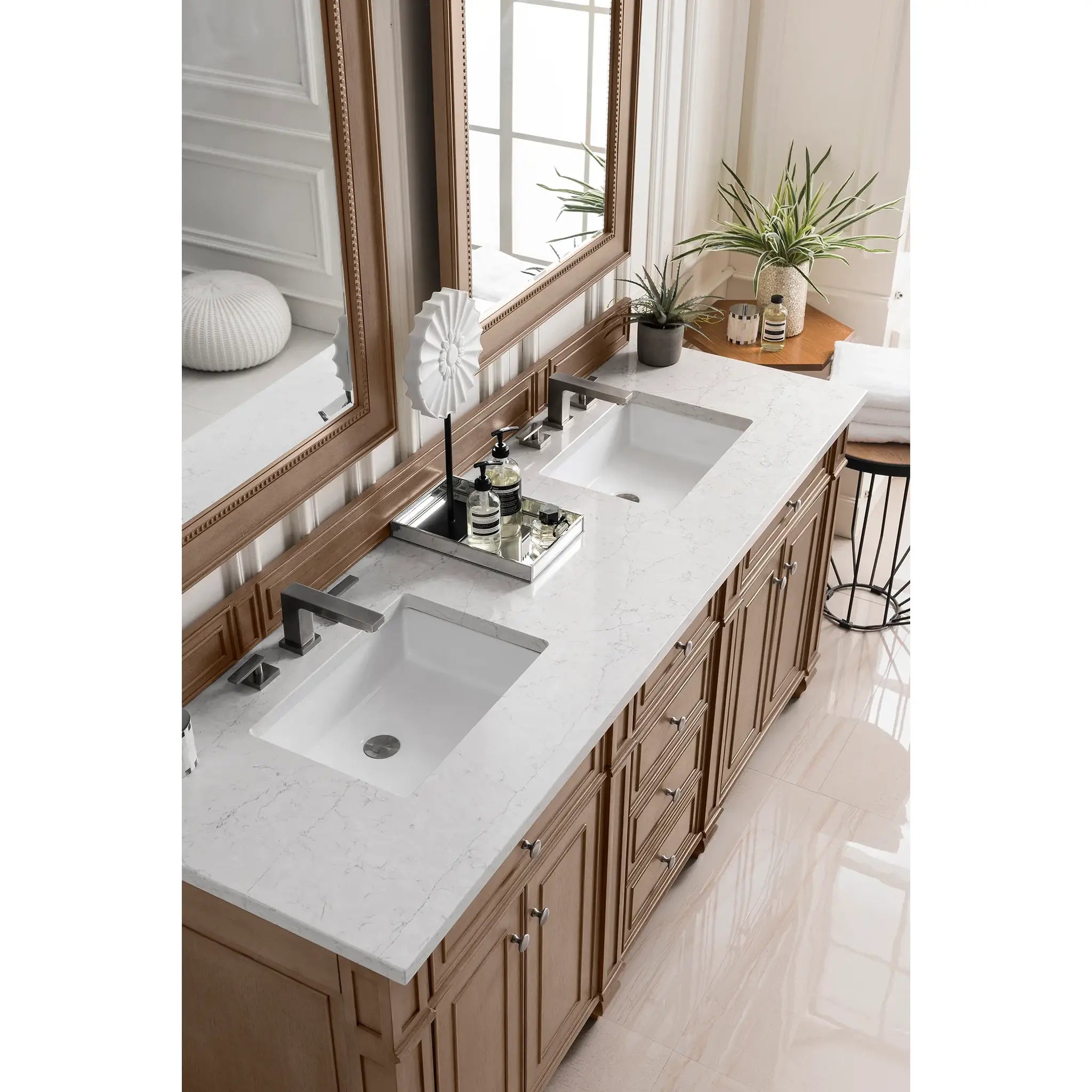 72" Bristol Double Vanity in Whitewashed Walnut Wireless Charger-Eternal Jasmine Pearl Silestone-8" Widespread image 4