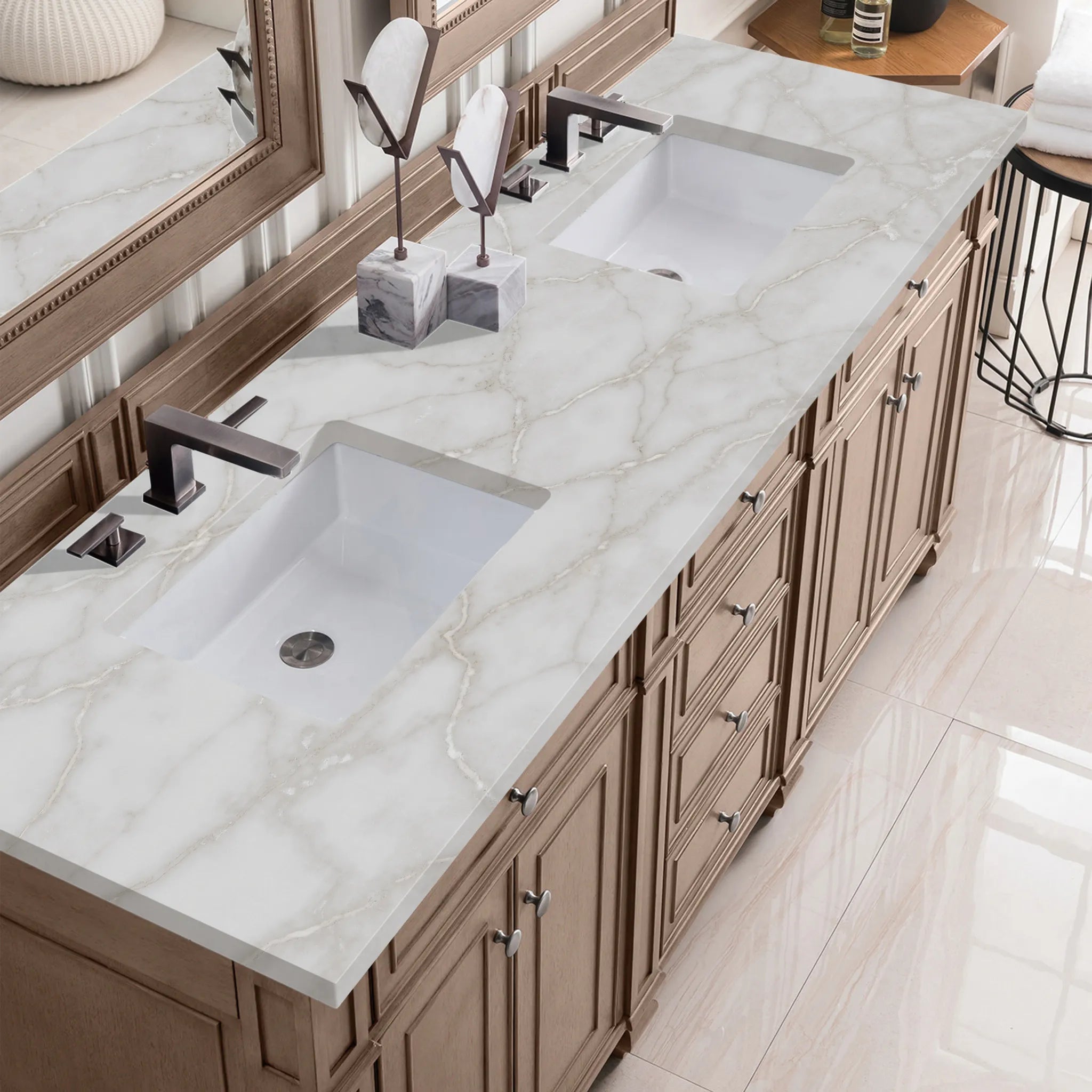 72" Bristol Double Vanity in Whitewashed Walnut Wireless Charger-Victorian Silver Silestone-8" Widespread image 7
