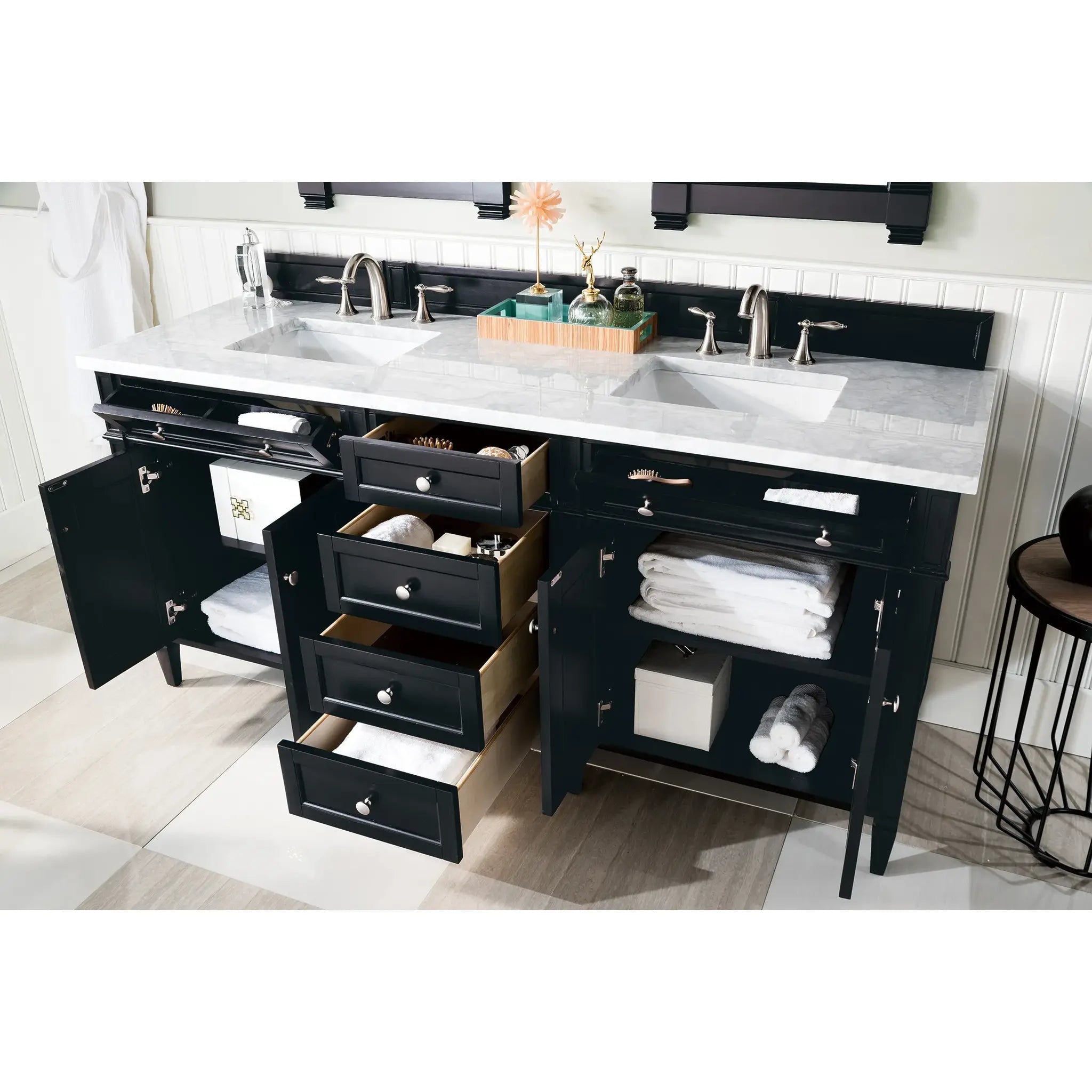72" Brittany Double Vanity in Black Onyx-Carrara White Marble-8" Widespread image 3