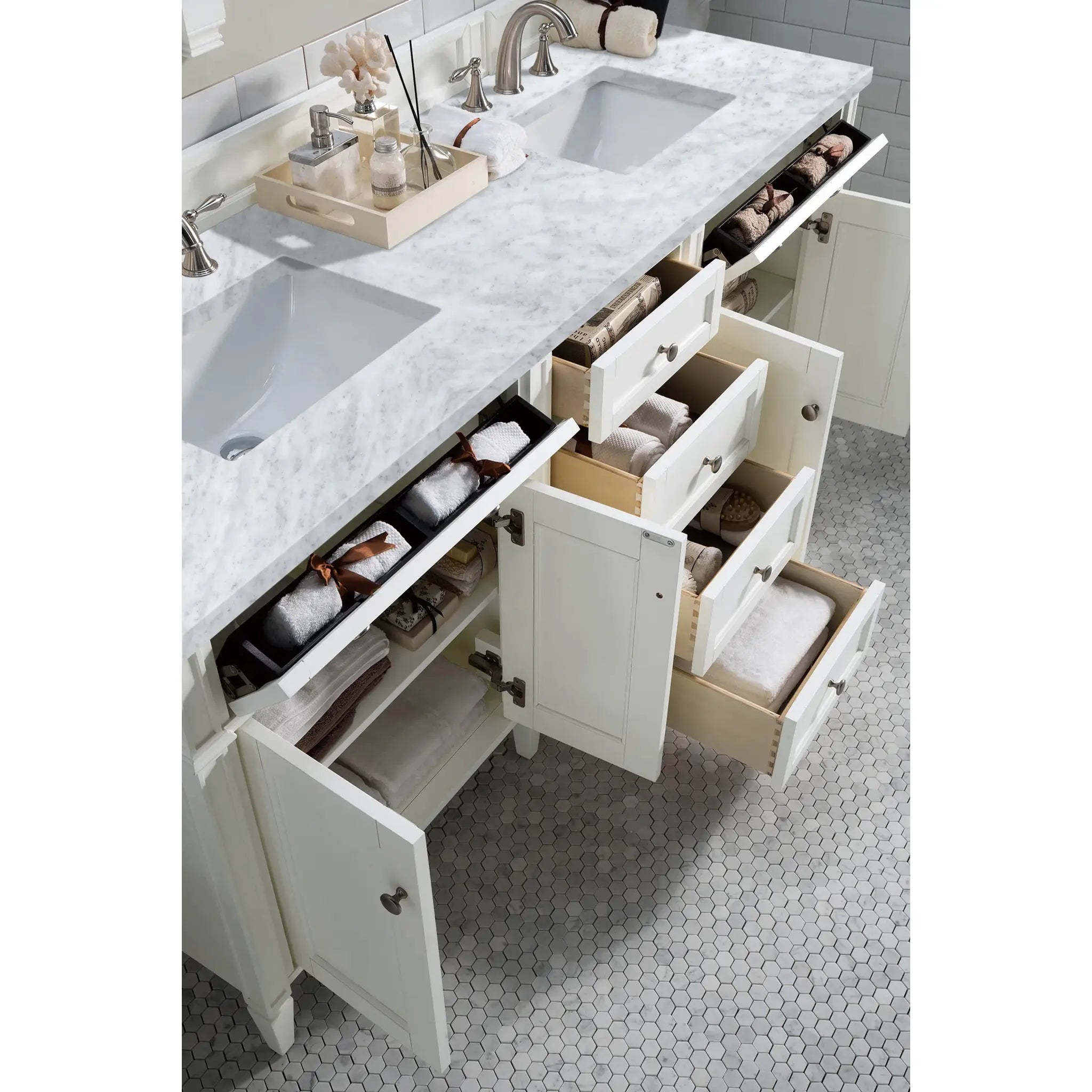 72" Brittany Double Vanity in Bright White Vanity-Carrara White Marble-8" Widespread image 3
