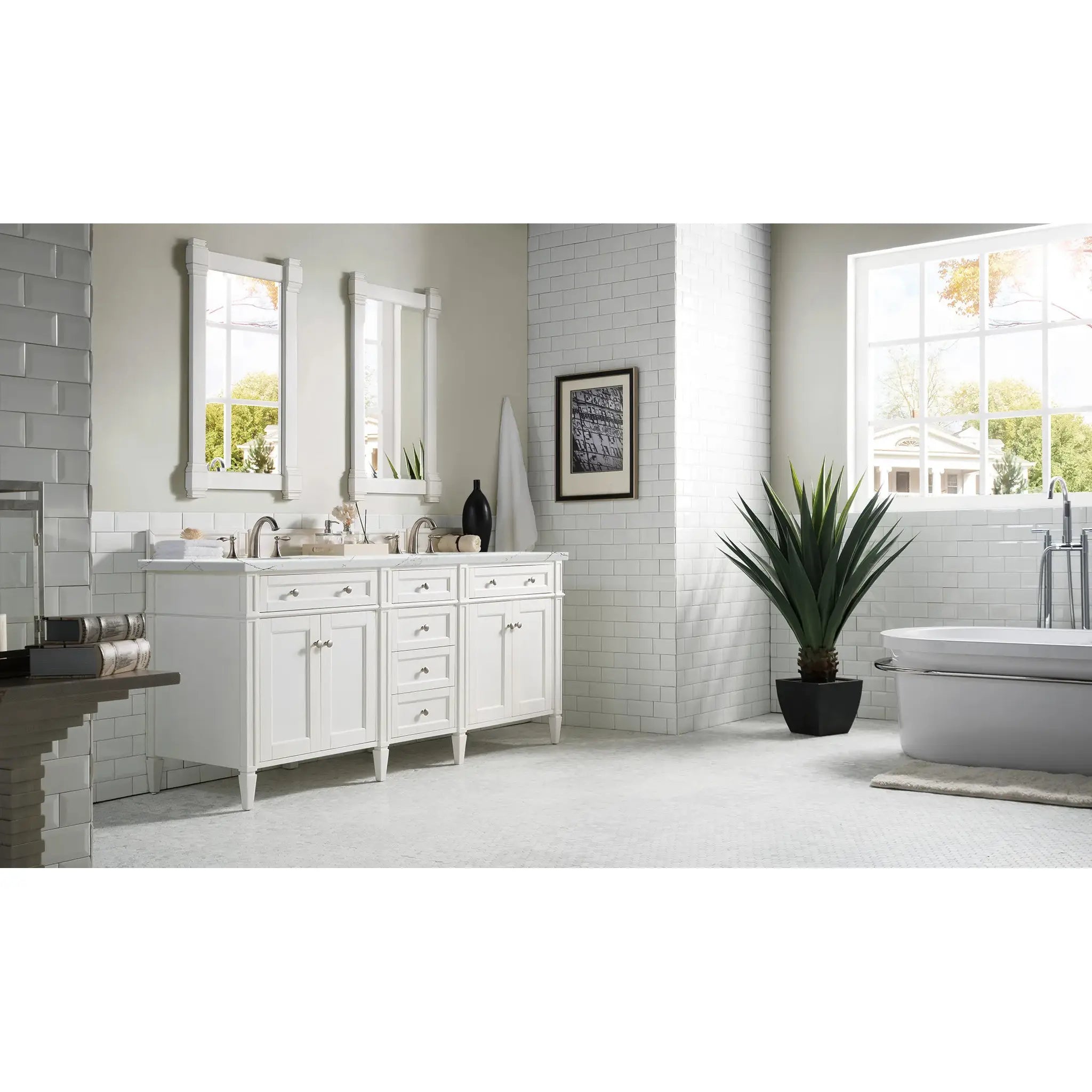 72" Brittany Double Vanity in Bright White w/FreePower Wireless Charger-Ethereal Noctis Silestone-8" Widespread image 5