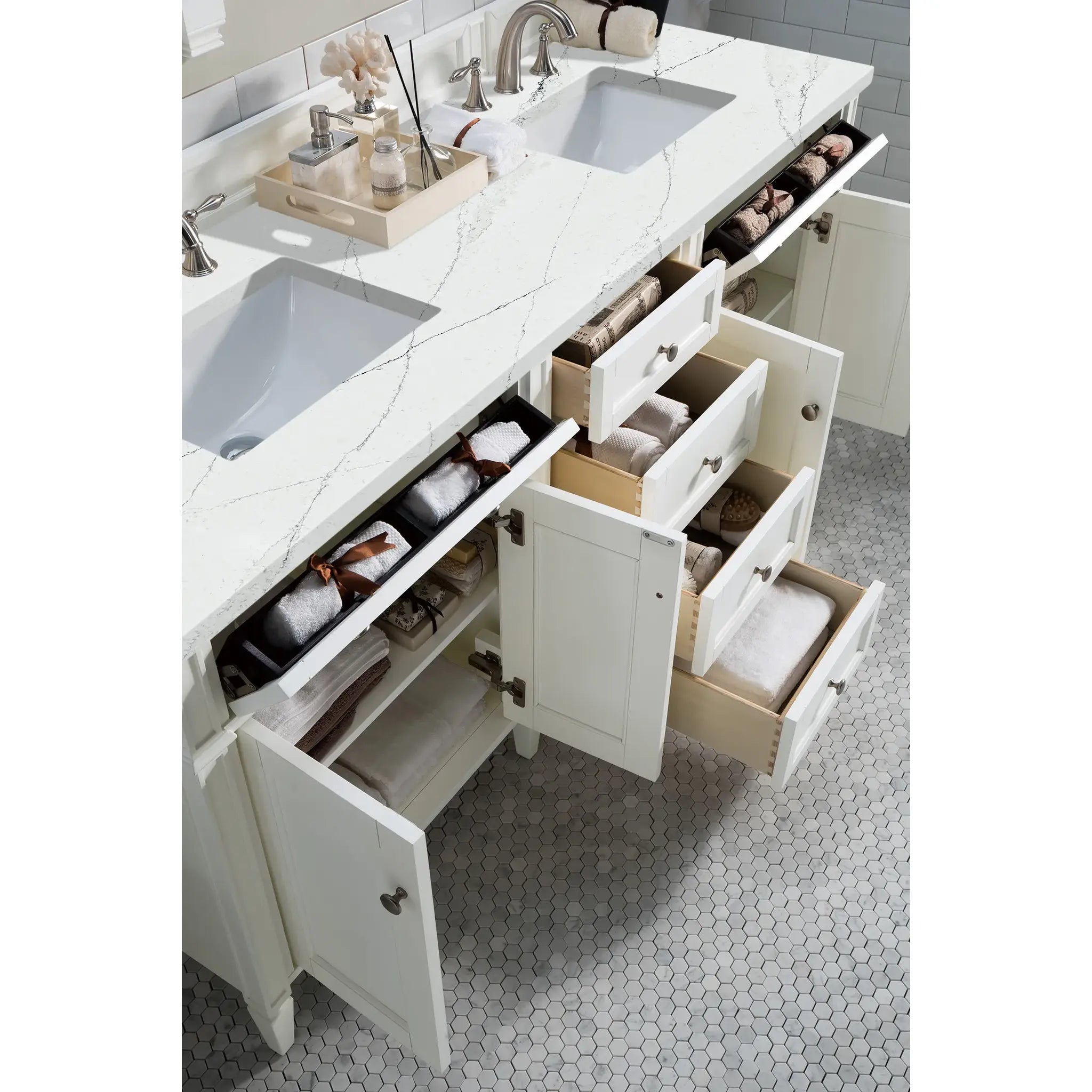72" Brittany Double Vanity in Bright White w/FreePower Wireless Charger-Ethereal Noctis Silestone-8" Widespread image 6