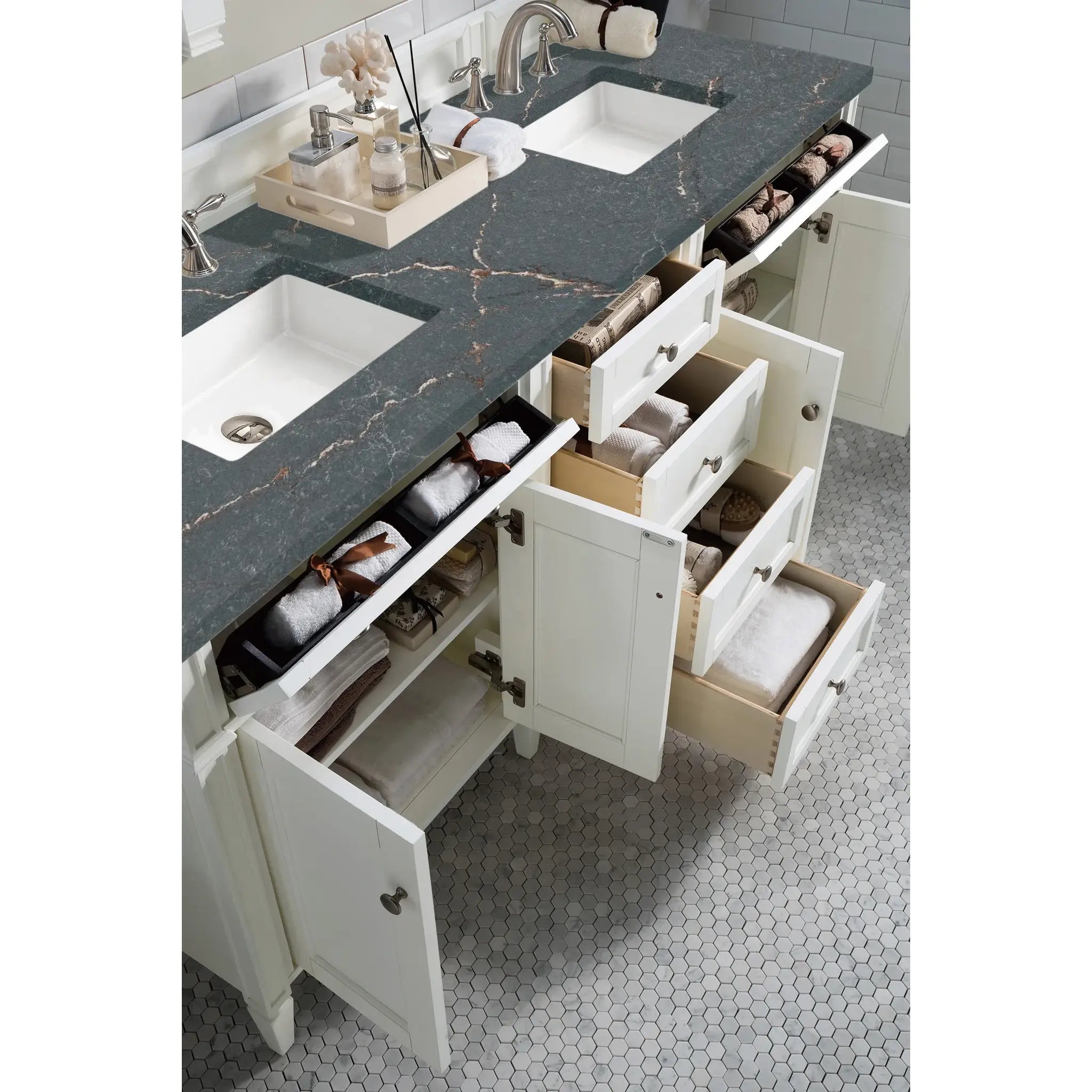 72" Brittany Double Vanity in Bright White w/FreePower Wireless Charger-Parisien Bleu Silestone-8" Widespread image 6