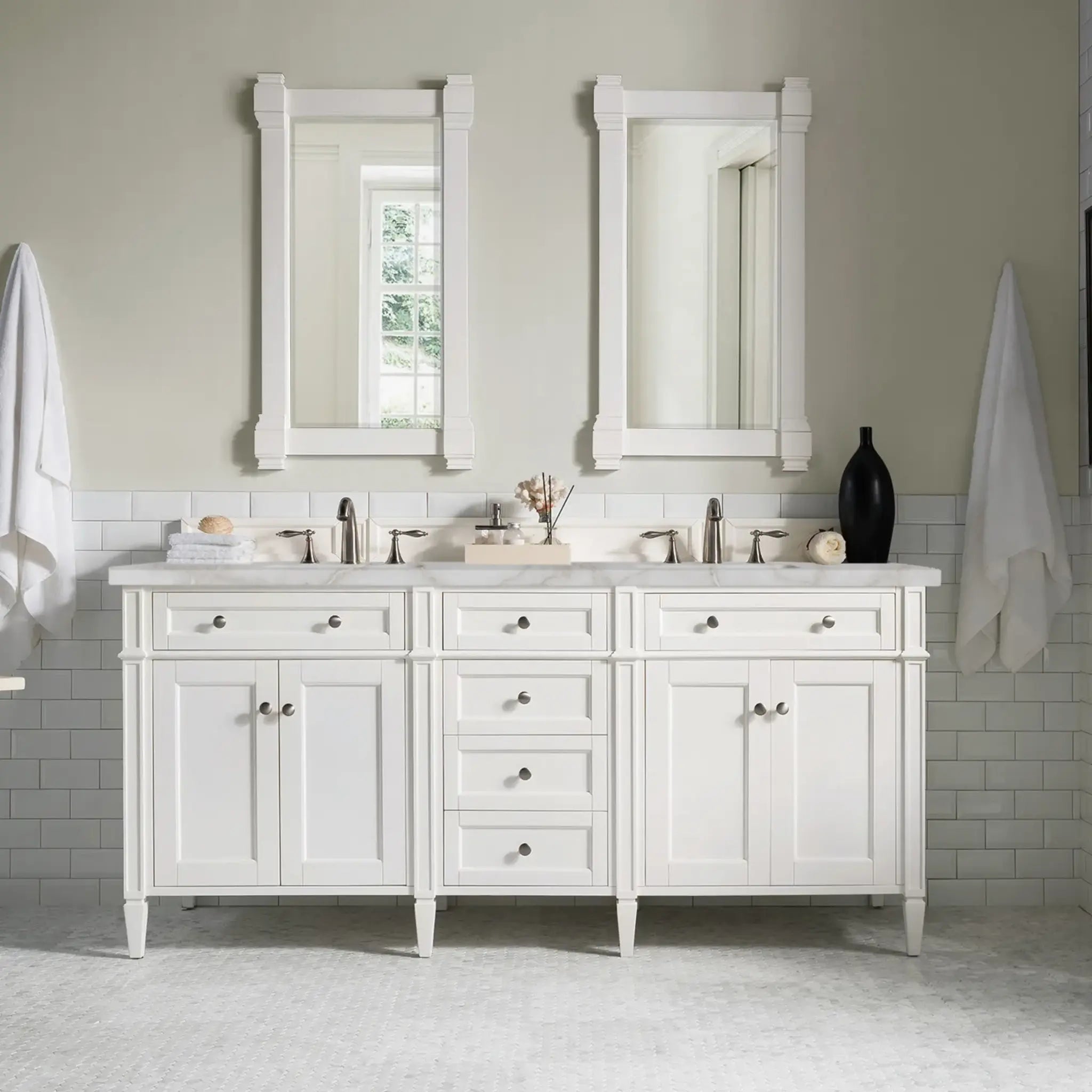 72" Brittany Double Vanity in Bright White w/FreePower Wireless Charger-Victorian Silver Silestone-8" Widespread image 4