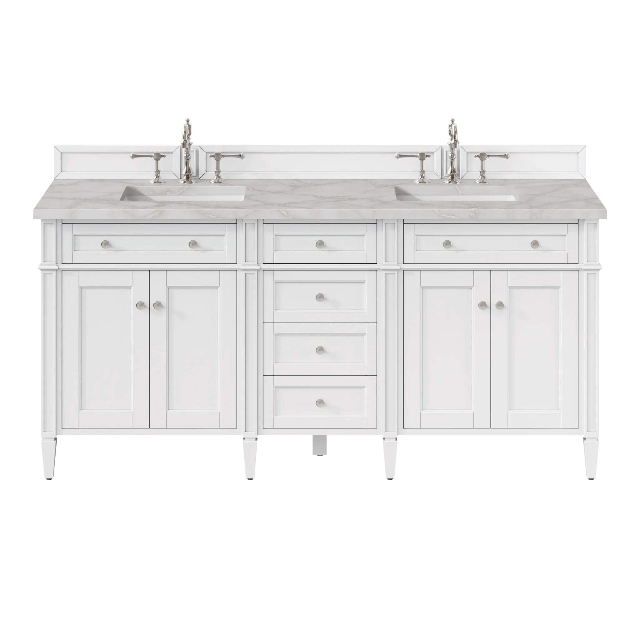 72" Brittany Double Vanity in Bright White w/FreePower Wireless Charger-Victorian Silver Silestone-8" Widespread image