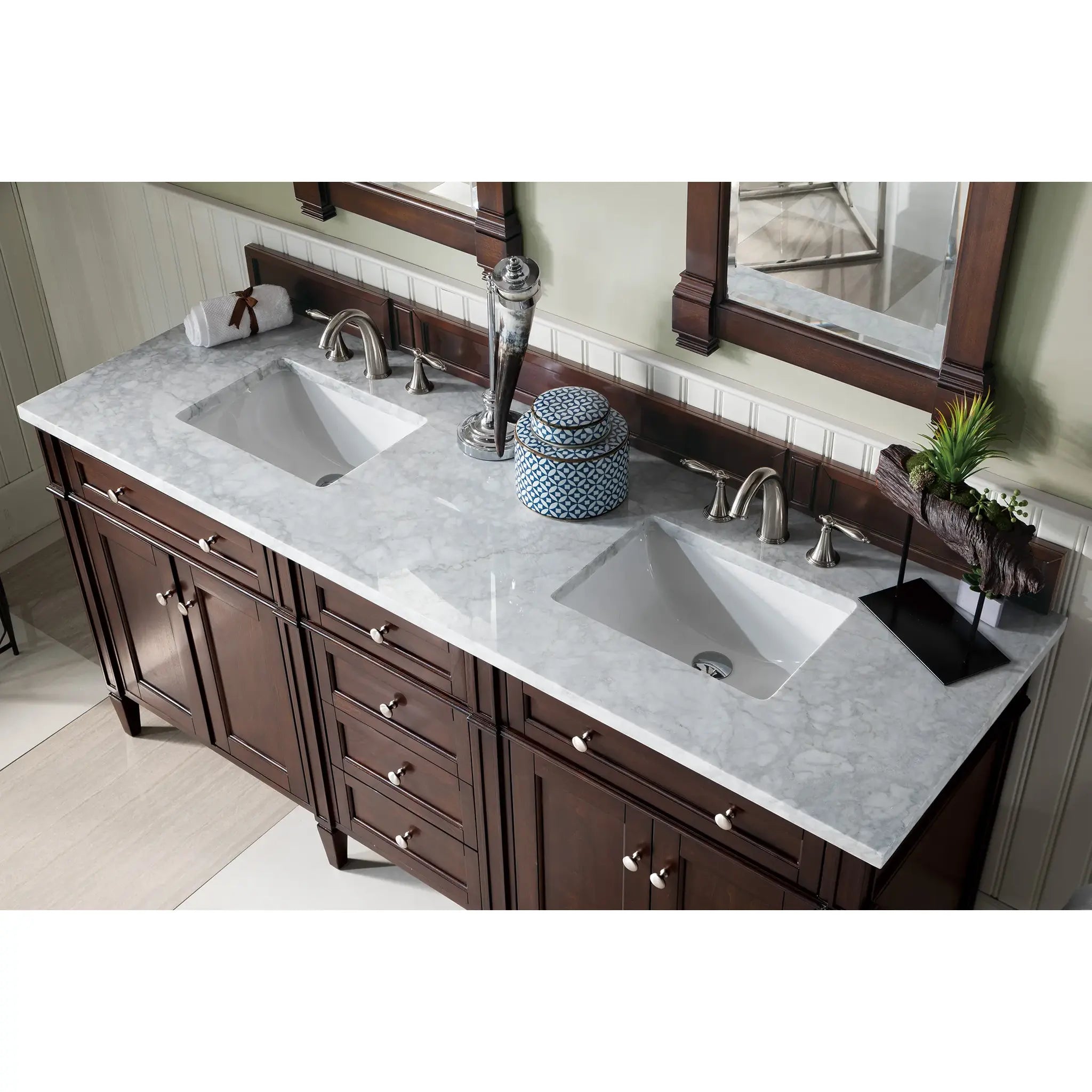 72" Brittany Double Vanity in Burnished Mahogany-Carrara White Marble-8" Widespread image 4