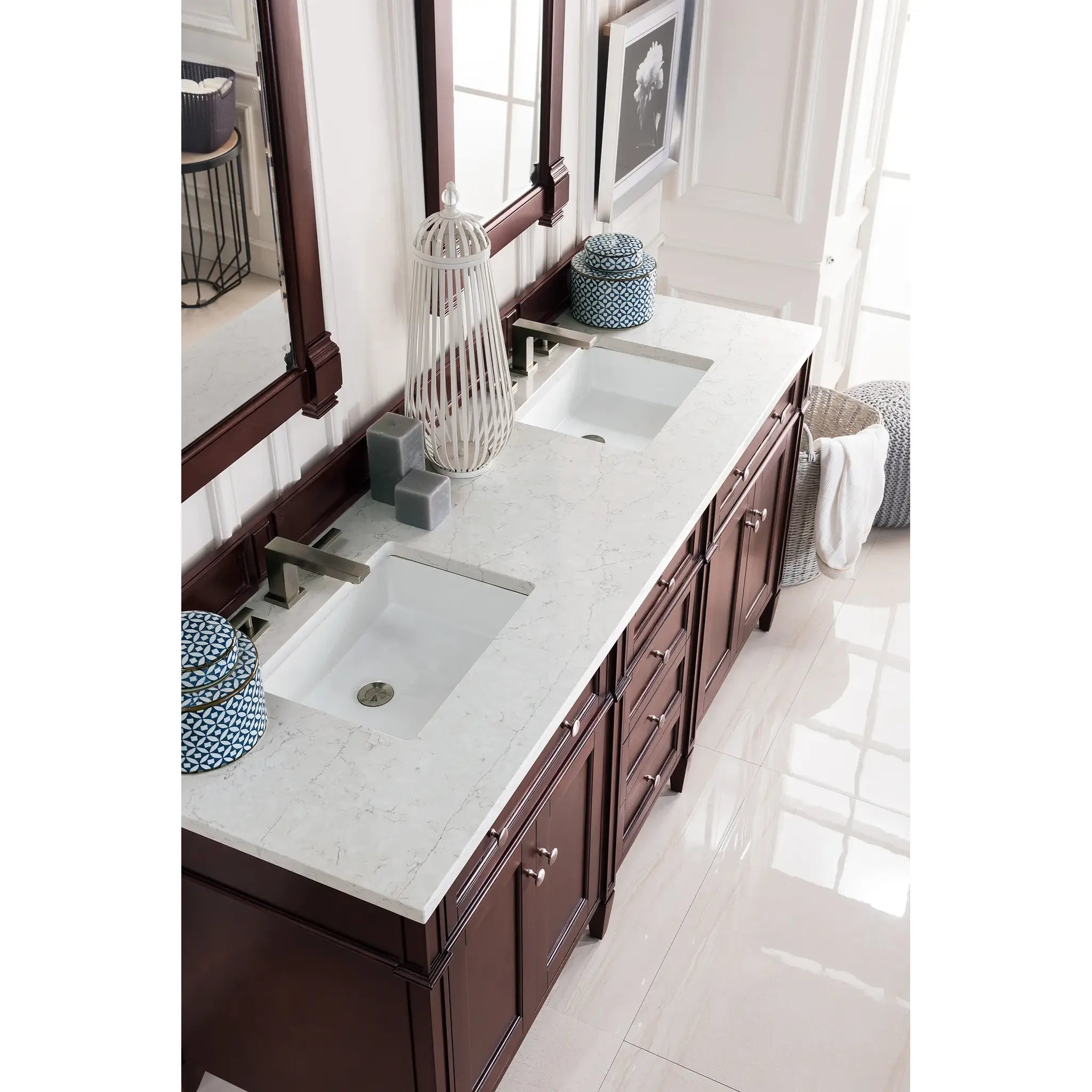 72" Brittany Double Vanity in Burnished Mahogany Wireless Charger-Eternal Jasmine Pearl Silestone-8" Widespread image 5