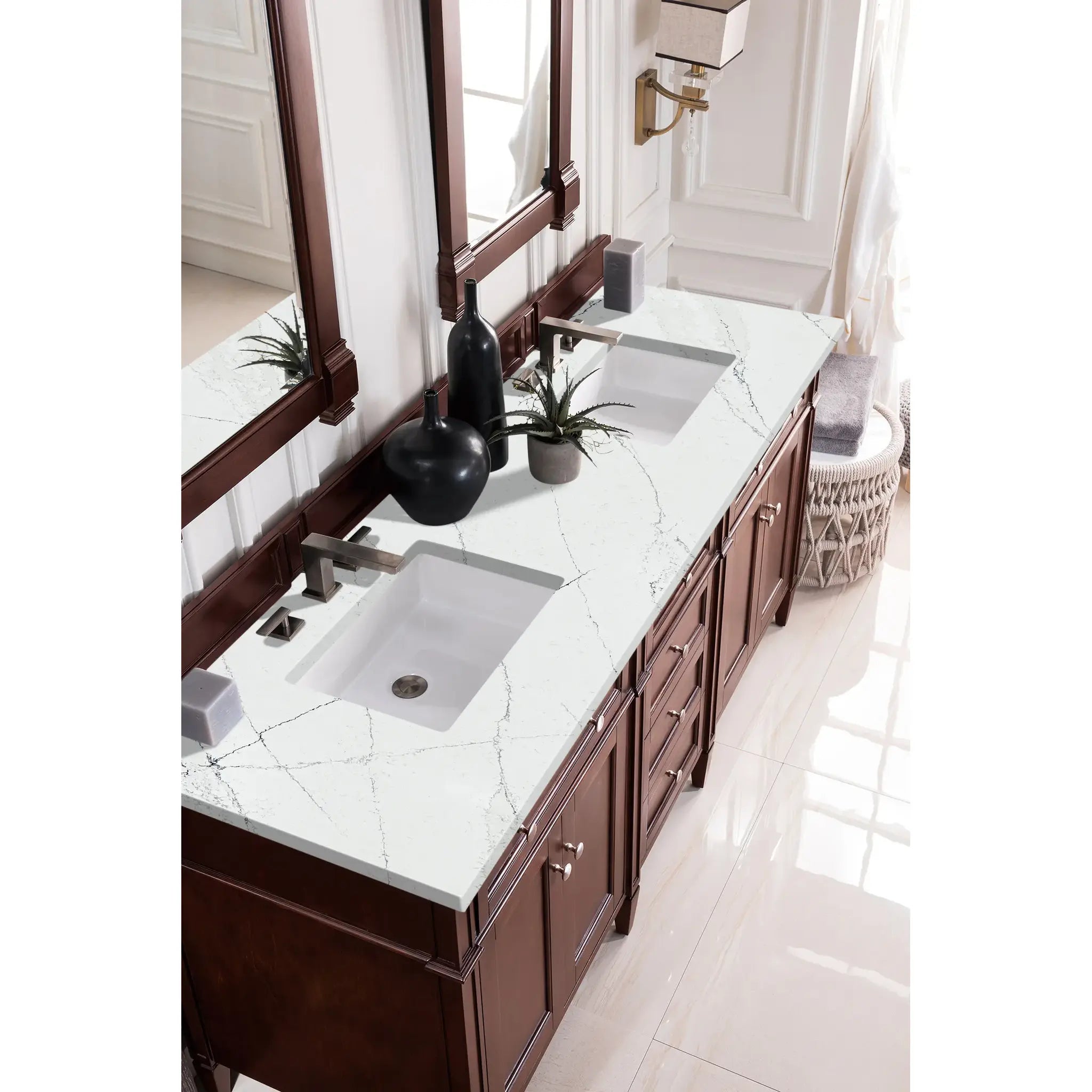72" Brittany Double Vanity in Burnished Mahogany Wireless Charger-Ethereal Noctis Silestone-8" Widespread image 5