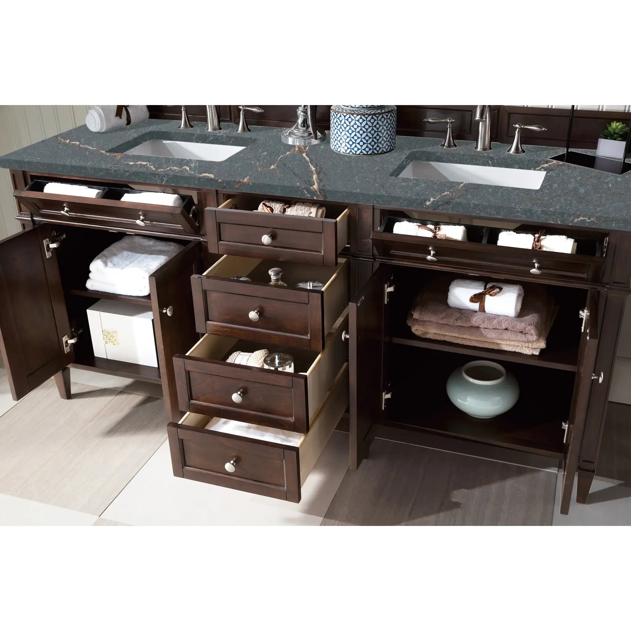 72" Brittany Double Vanity in Burnished Mahogany Wireless Charger-Parisien Bleu Silestone-8" Widespread image 6