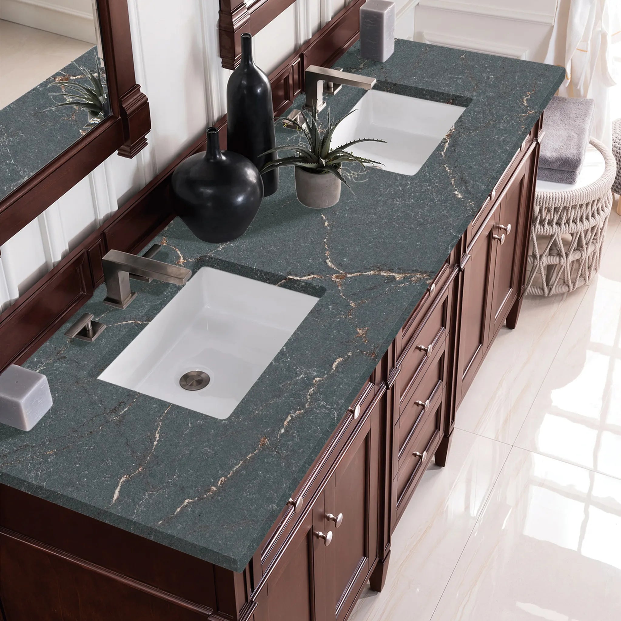 72" Brittany Double Vanity in Burnished Mahogany Wireless Charger-Parisien Bleu Silestone-8" Widespread image 8