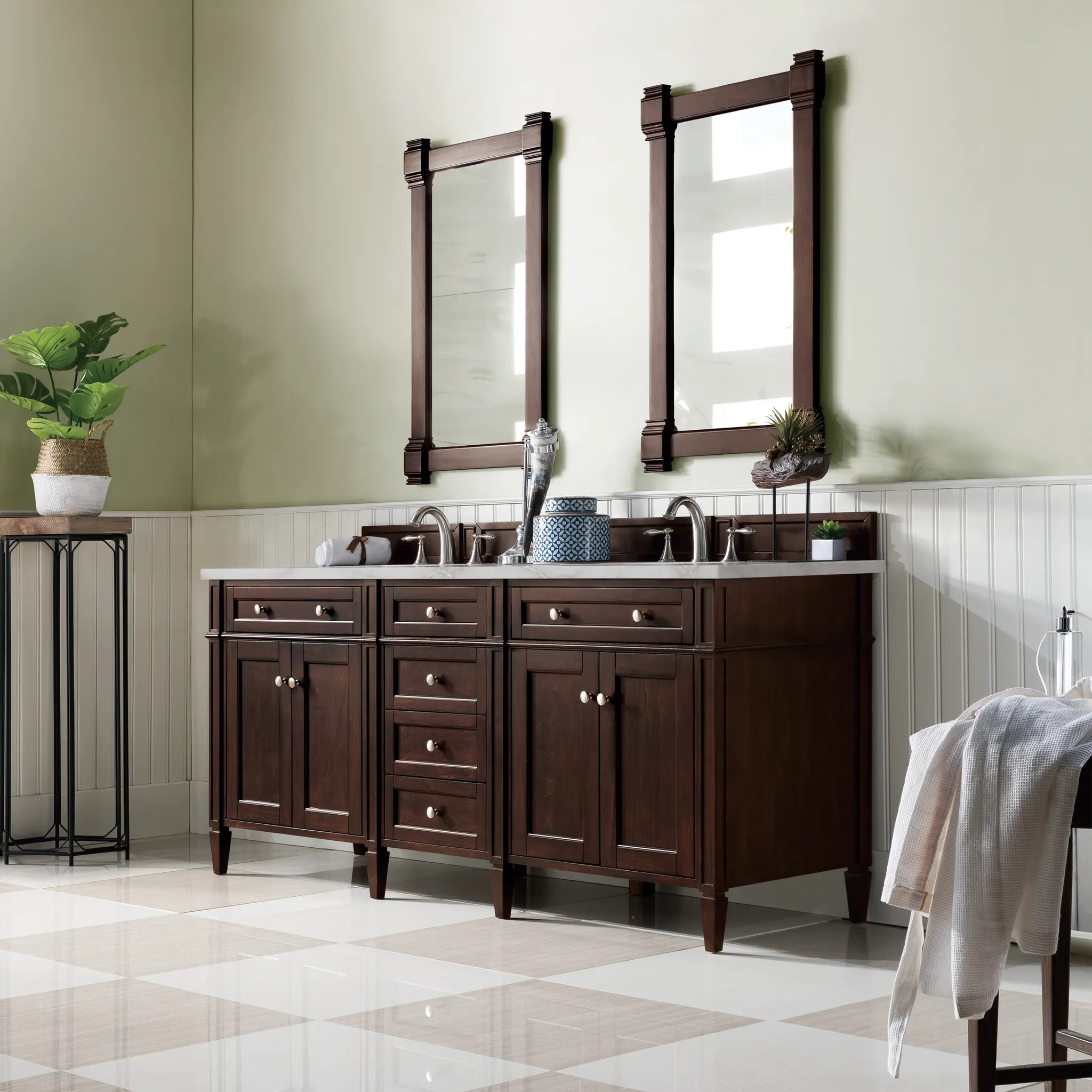 72" Brittany Double Vanity in Burnished Mahogany Wireless Charger-Victorian Silver Silestone-8" Widespread image 5