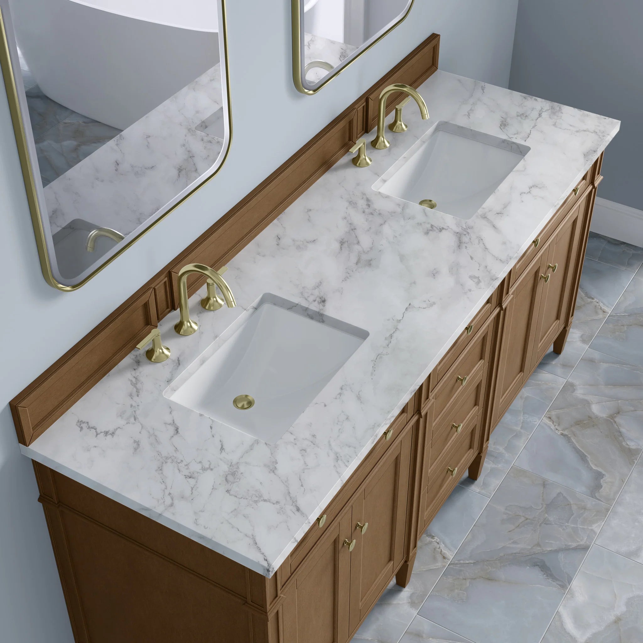 72" Brittany Double Vanity in Pecan by James Martin Vanities-Carrara White Marble 6