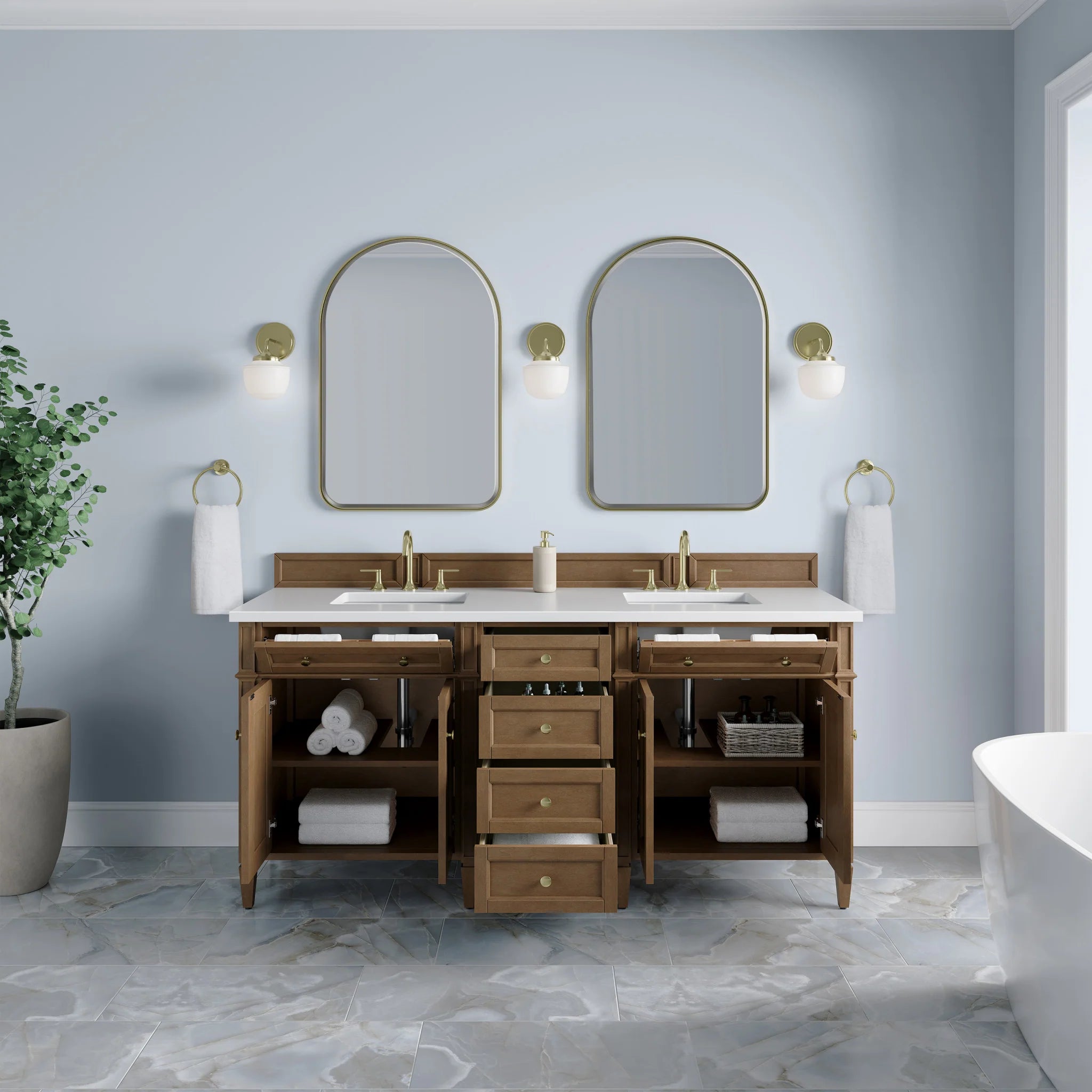72" Brittany Double Vanity in Pecan by James Martin Vanities-White Zeus Silestone 4