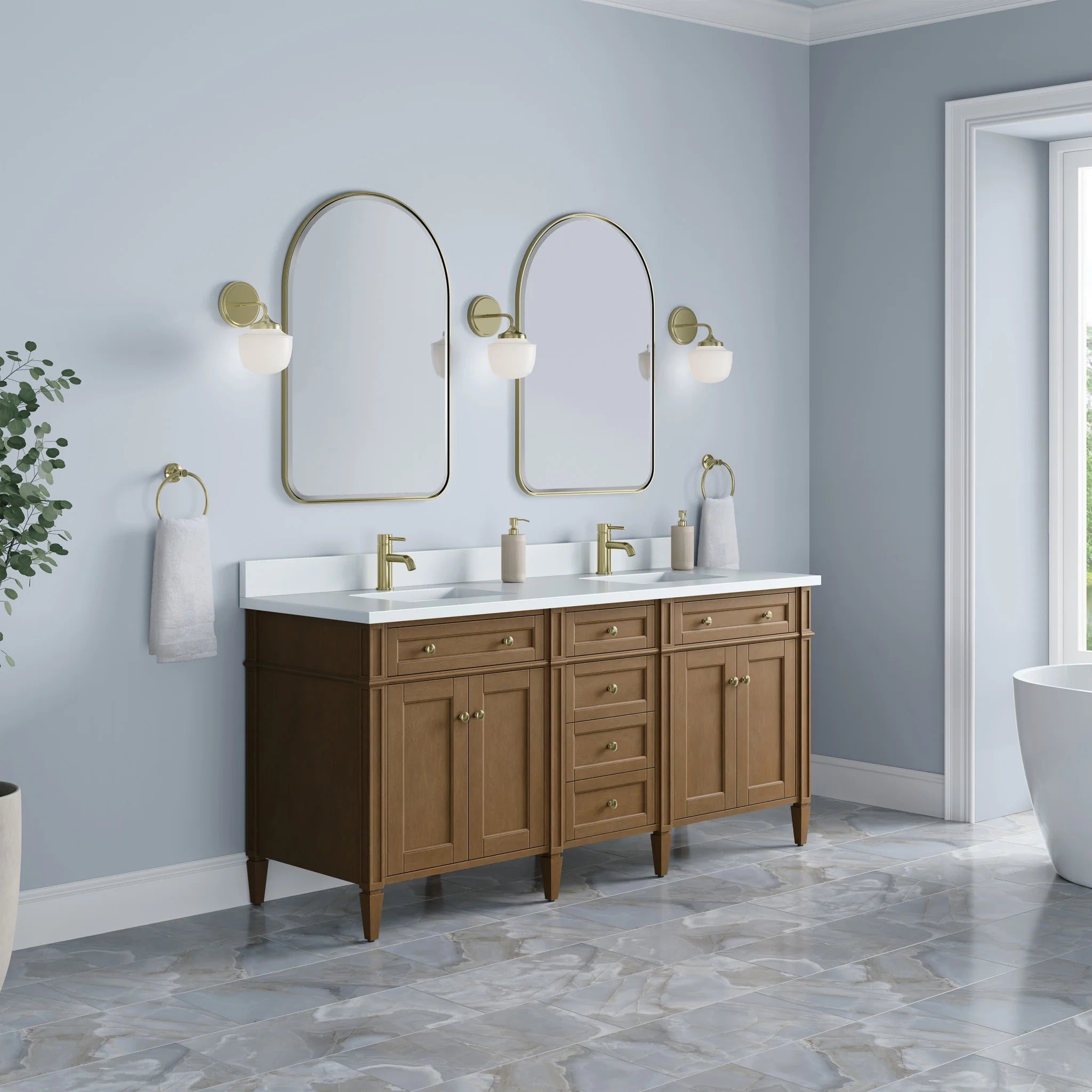 72" Brittany Double Vanity in Pecan by James Martin Vanities-White Zeus Silestone & Backsplash 2