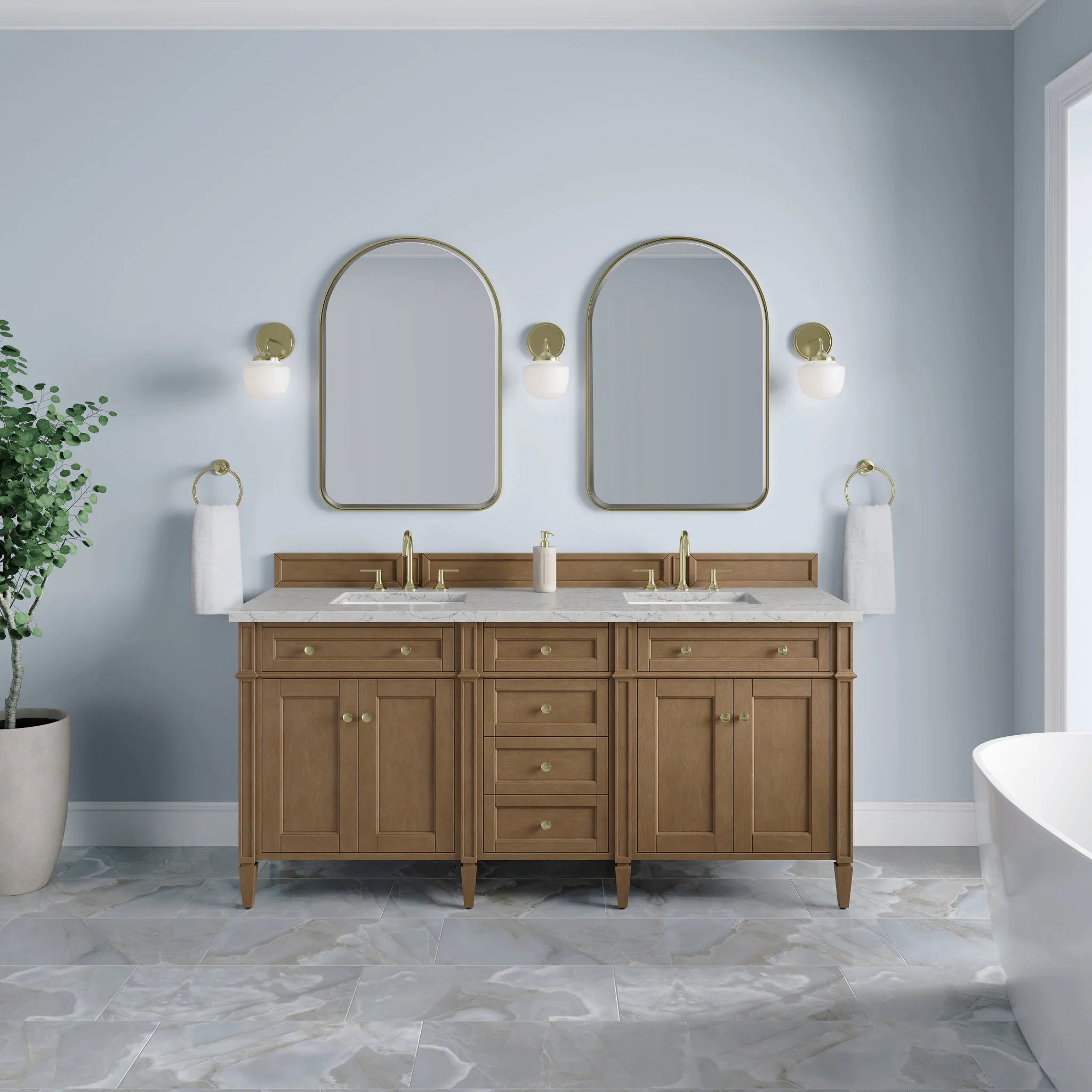 72" Brittany Double Vanity in Pecan w/FreePower Wireless Charger by James Martin Vanities-Eternal Jasmine Pearl Silestone 1
