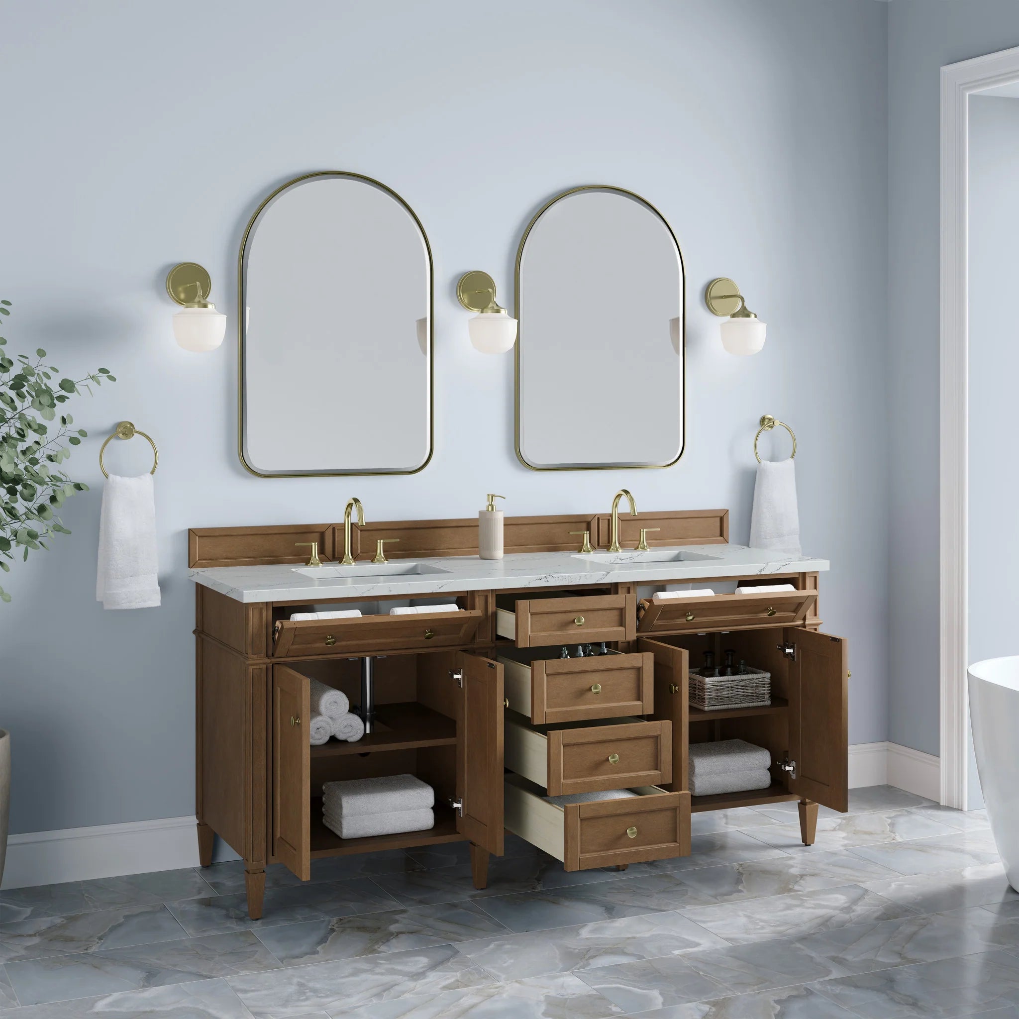72" Brittany Double Vanity in Pecan w/FreePower Wireless Charger by James Martin Vanities-Ethereal Noctis Silestone 3