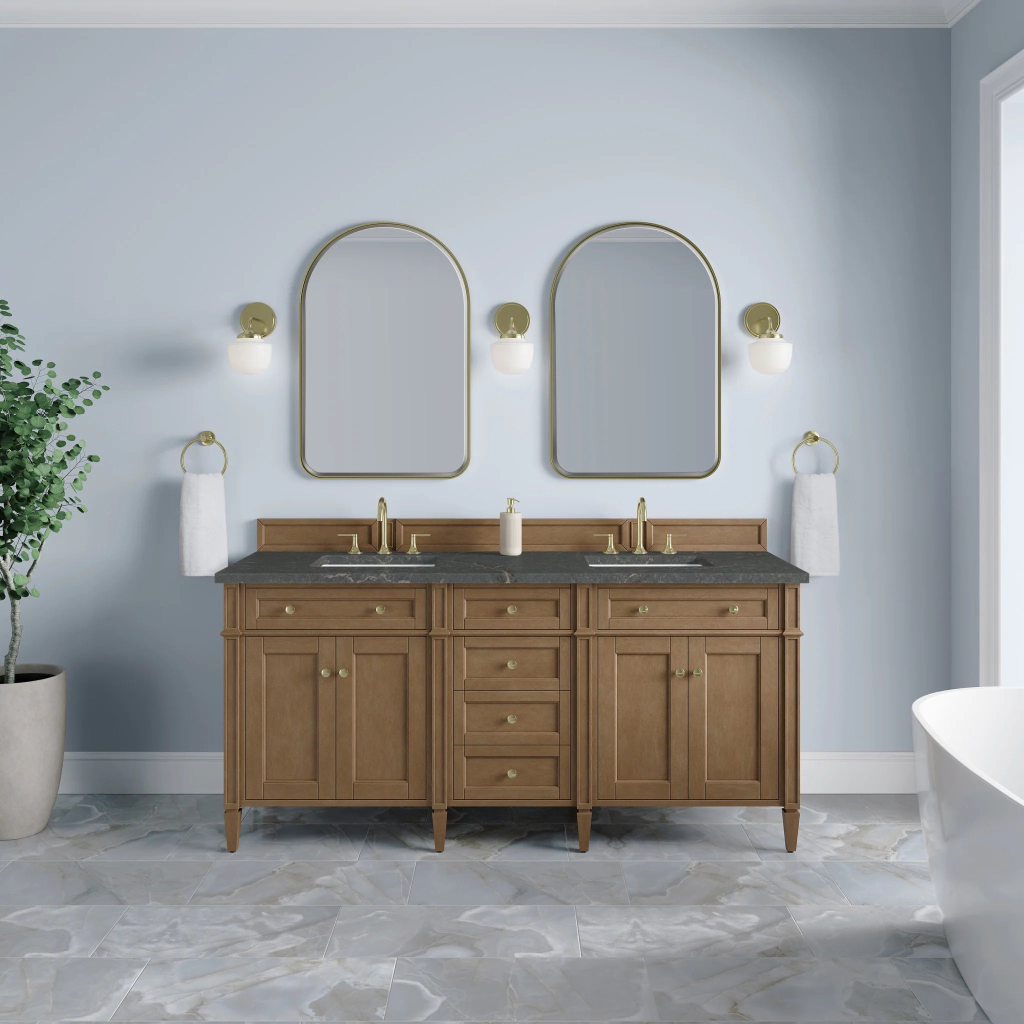 72" Brittany Double Vanity in Pecan w/FreePower Wireless Charger by James Martin Vanities-Parisien Bleu Silestone 1