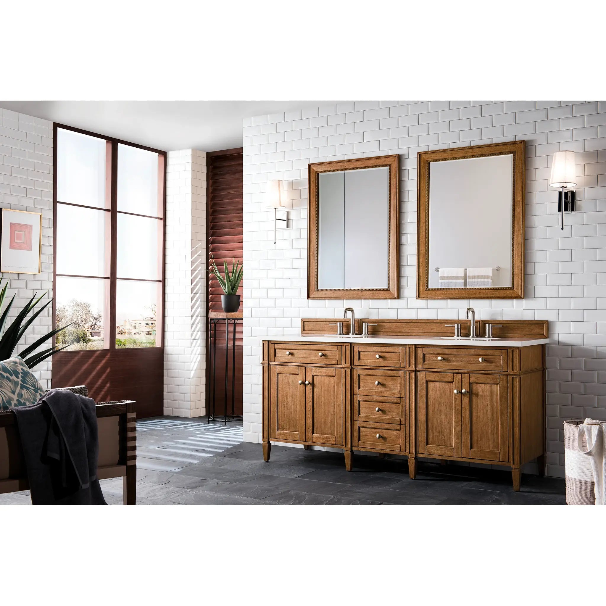 72" Brittany Double Vanity in Saddle Brown-White Zeus Silestone-8" Widespread image 2