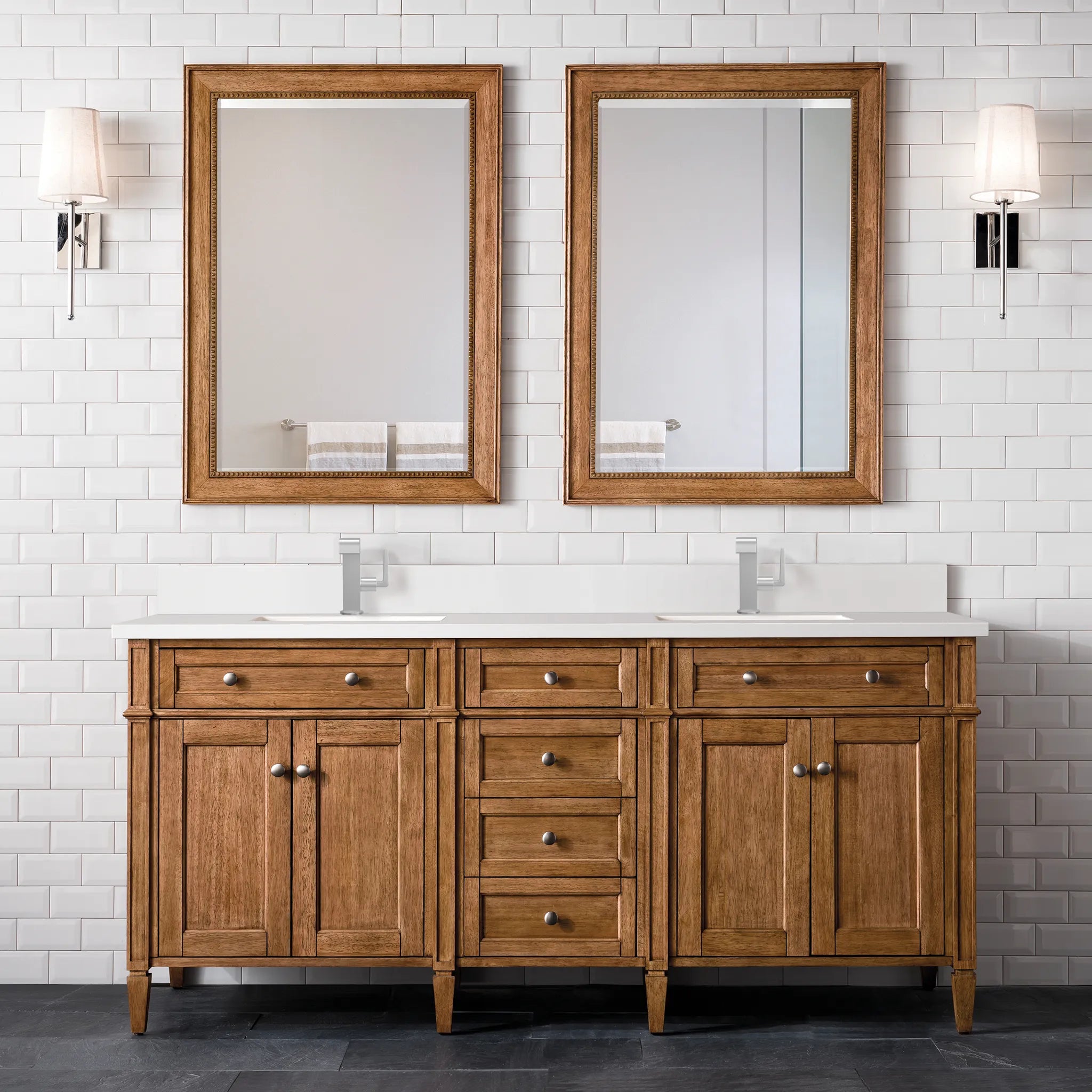 72" Brittany Double Vanity in Saddle Brown-White Zeus Silestone & Backsplash-Single Hole image 1