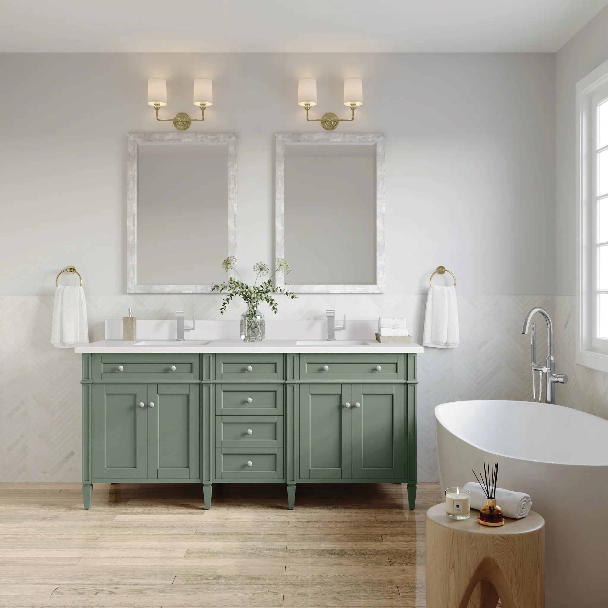 72" Brittany Double Vanity in Smokey Celadon-White Zeus Silestone & Backsplash-Single Hole image