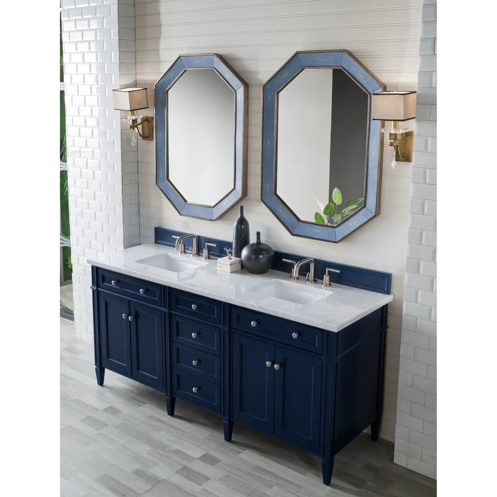 72" Brittany Double Vanity in Victory Blue-Carrara White Marble-8" Widespread image 2