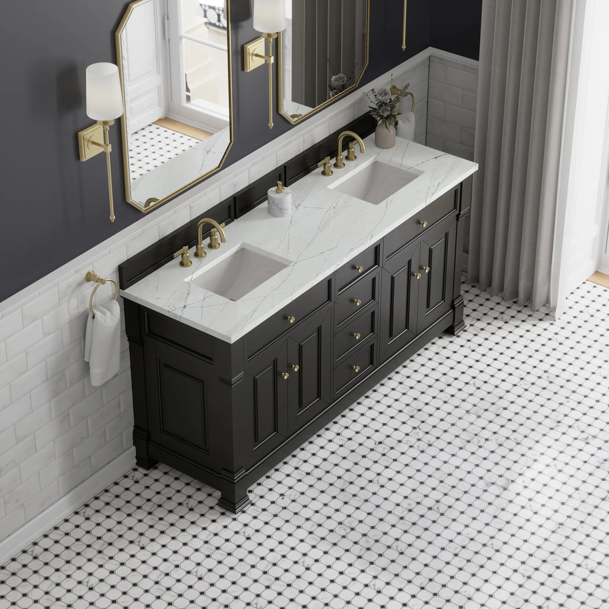 72" Brookfield Double Vanity in Black Onyx w/FreePower Wireless Charger-Ethereal Noctis Silestone-8" Widespread image 8