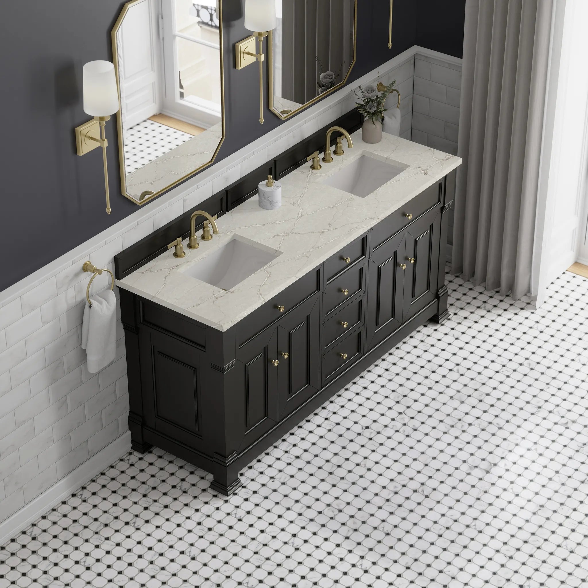 72" Brookfield Double Vanity in Black Onyx w/FreePower Wireless Charger-Victorian Silver Silestone-8" Widespread image 8